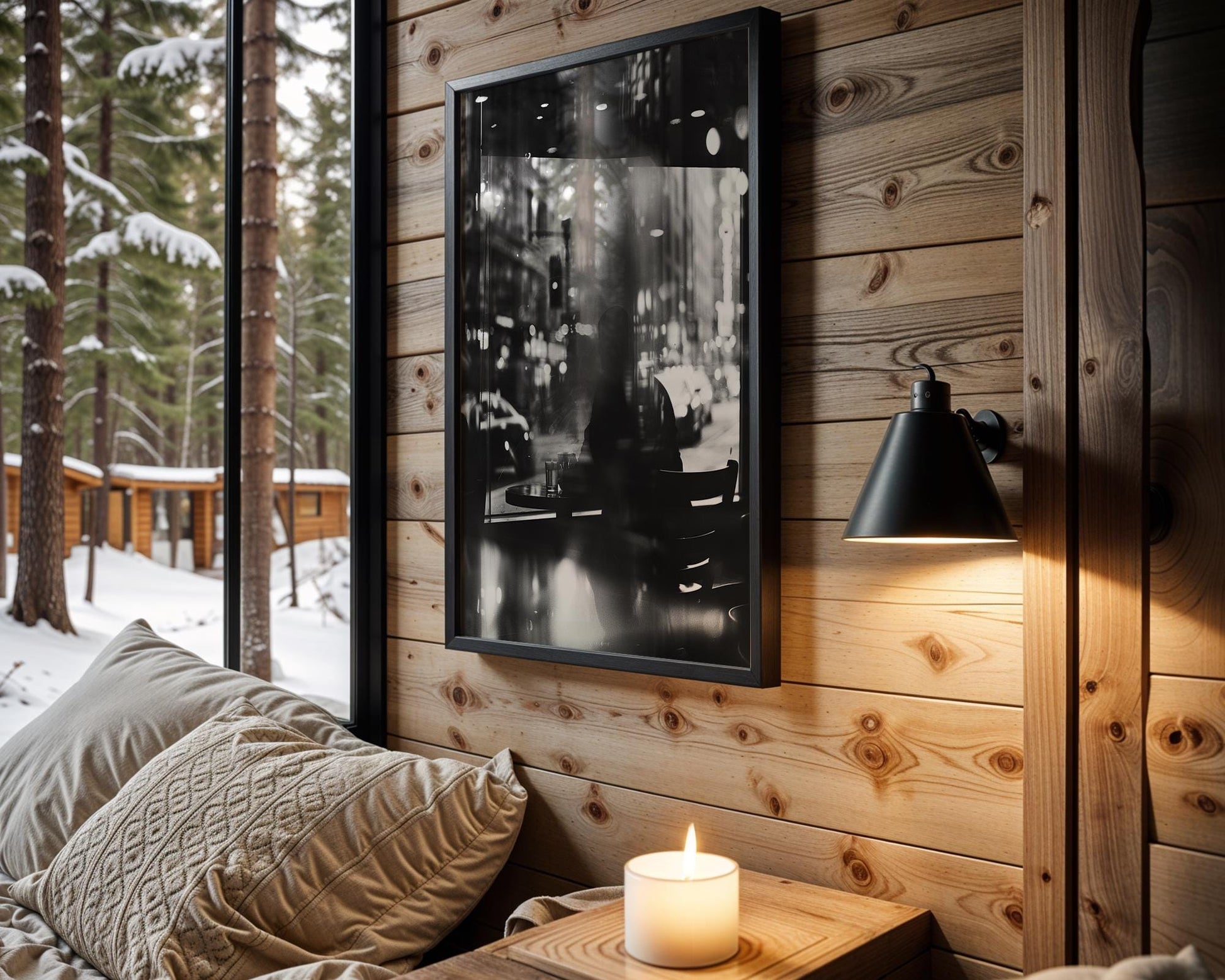 Urban Photography | Cafe Window Black and White Photography Print | Cosy Living Room Decor black and white photo print, minimalist monochrome wall art poster for modern interiors, Monohaus