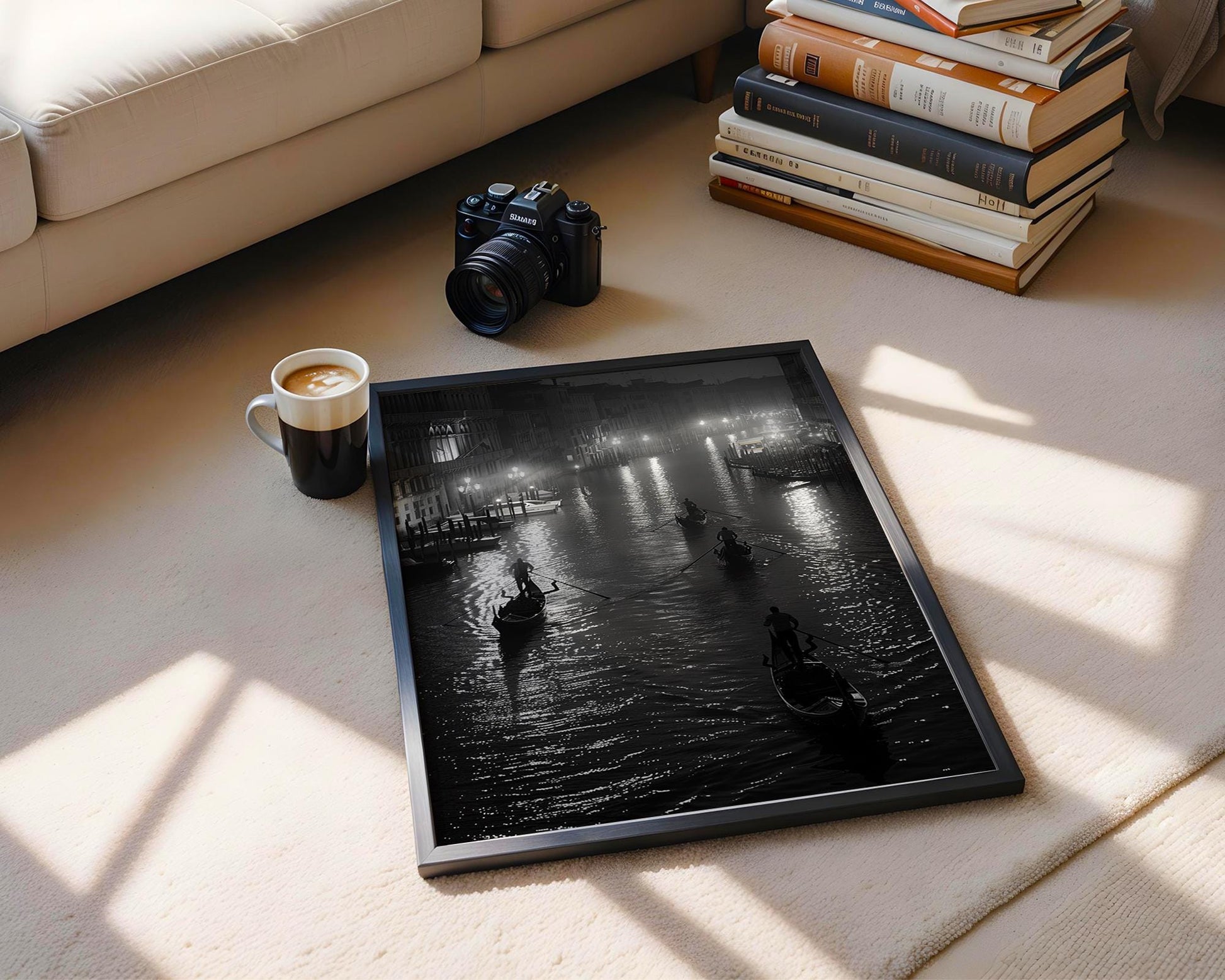 World Landmark | Venice Gondolas Night Print | Grand Canal Black and White Photography wall art print, minimalist black and white poster, modern Scandinavian wall decor, Monohaus