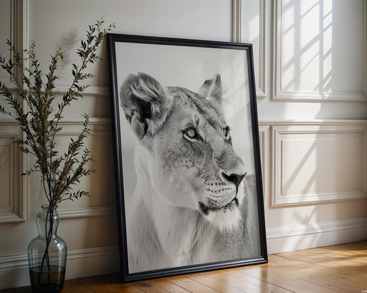 Wildlife Poster | Lioness Portrait Print | Black & White  Photography wall art print, minimalist black and white poster, modern Scandinavian wall decor, Monohaus