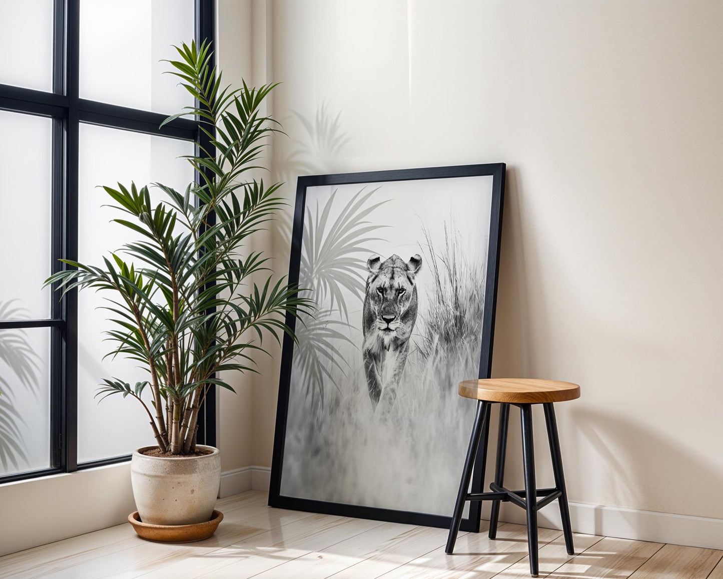 Wildlife Poster | Lioness Safari Print | Black & White  Photography wall art print, minimalist black and white poster, modern Scandinavian wall decor, Monohaus