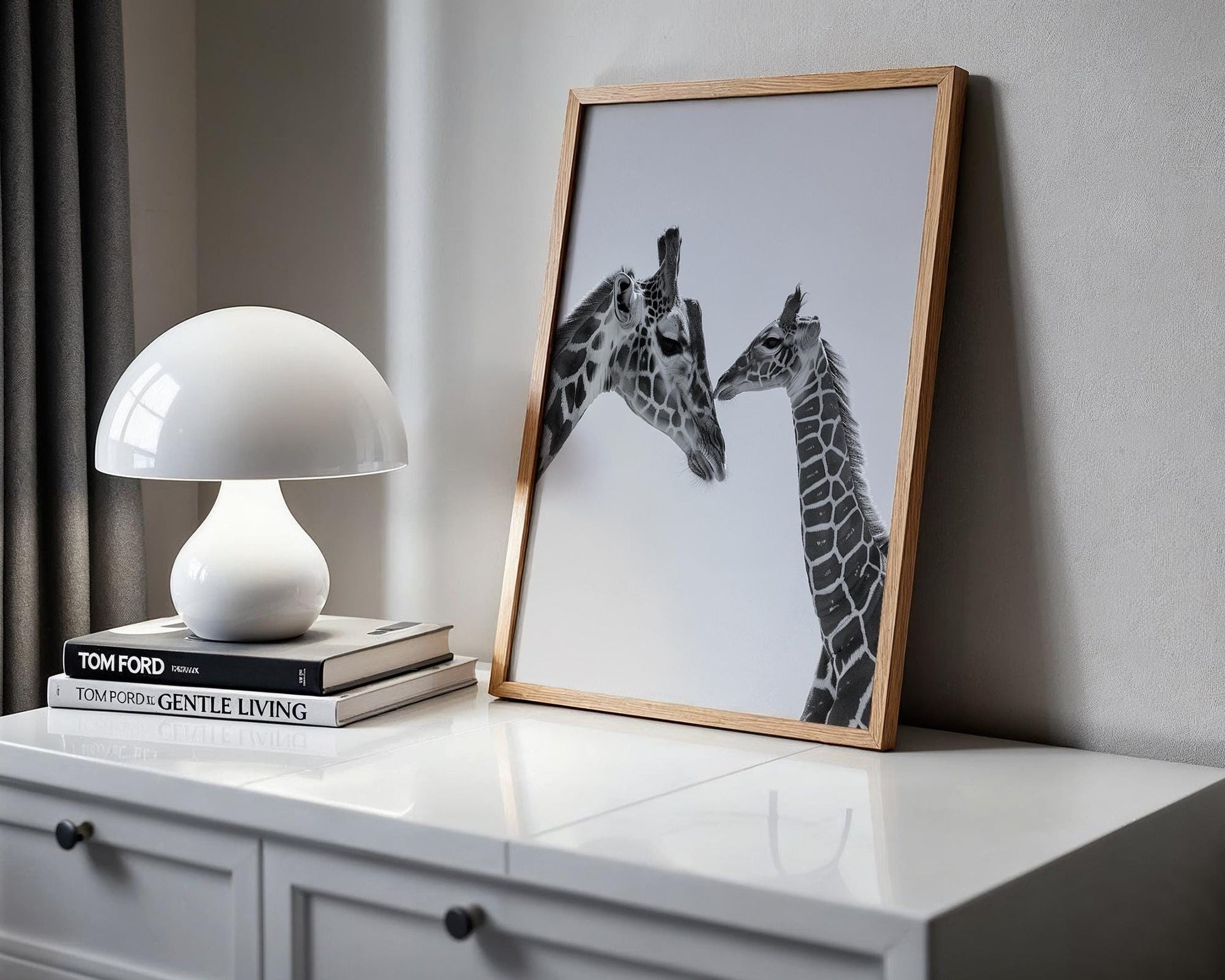 Wildlife Poster | Giraffe Mother and Calf Print | Minimalist  Photography wall art print, minimalist black and white poster, modern Scandinavian wall decor, Monohaus