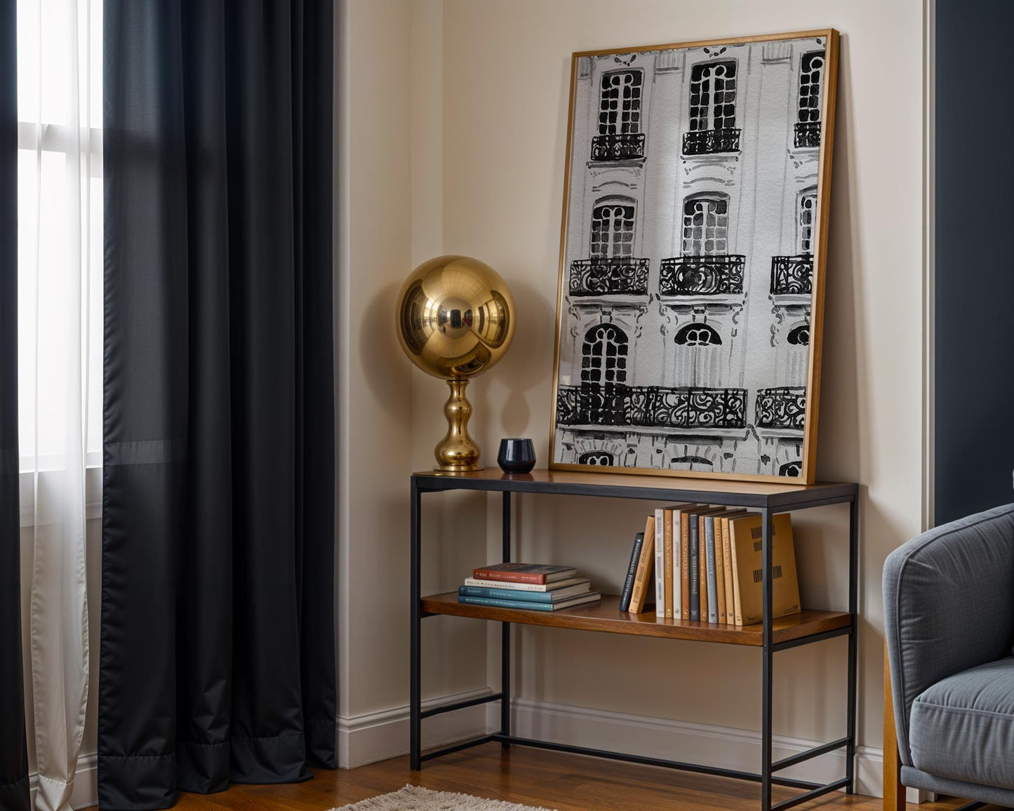 Designer Wall Art | Paris Haussmann Architecture Print | Black & White Balcony wall art print, black and white architectural poster, minimalist modern Scandinavian wall decor, Monohaus