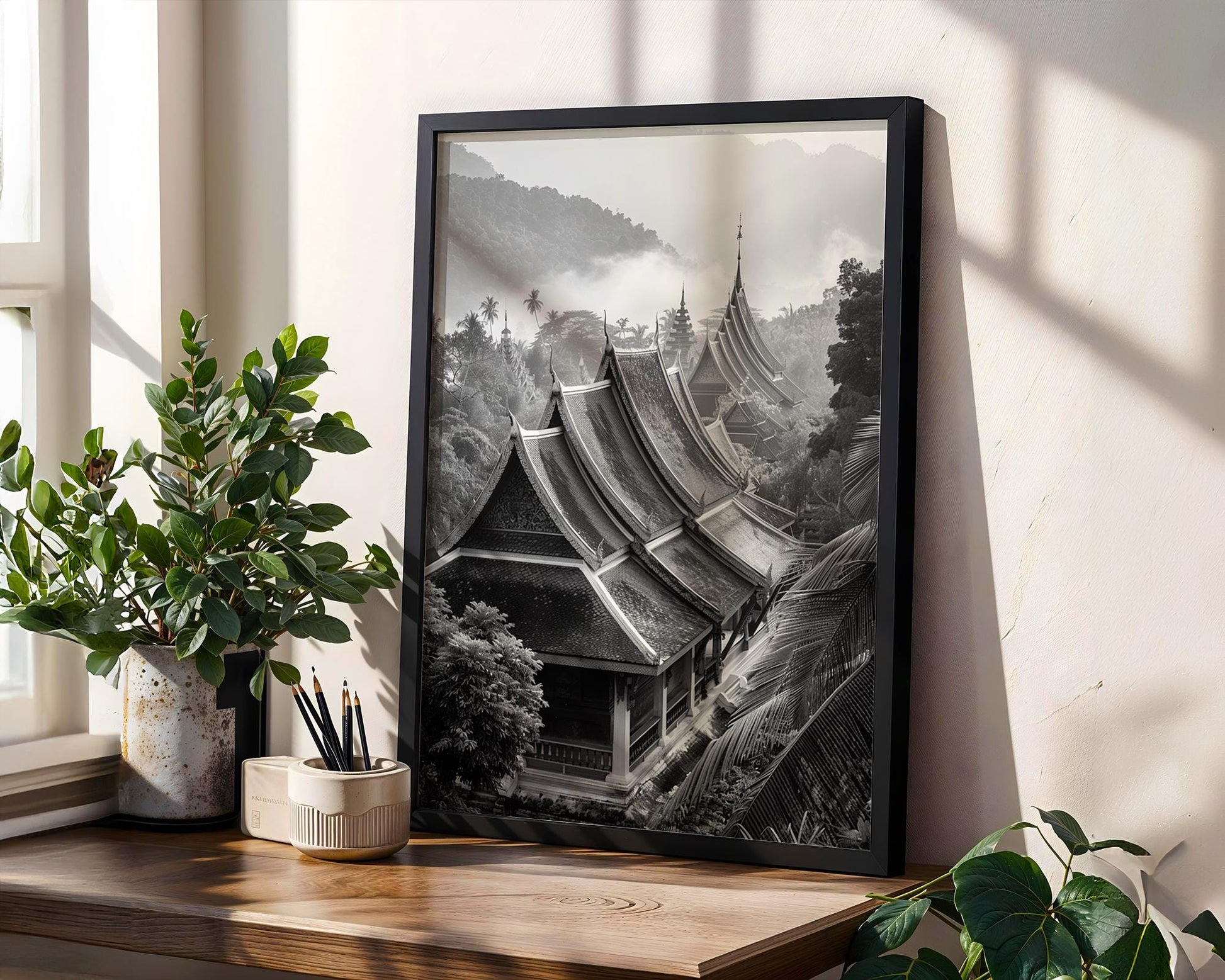 World Landmark | Laos Temple Print | Luang Prabang Black and White Photography wall art print, minimalist black and white poster, modern Scandinavian wall decor, Monohaus