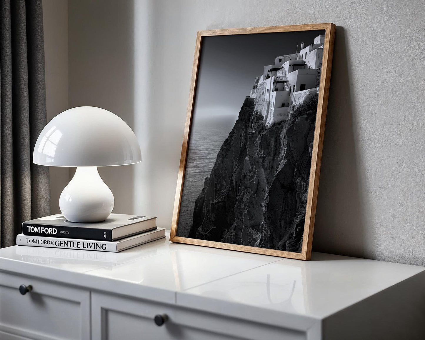 World Landmark | Santorini Cliff Houses Print | Black and White Greece Architecture wall art print, black and white architectural poster, minimalist modern Scandinavian wall decor, Monohaus