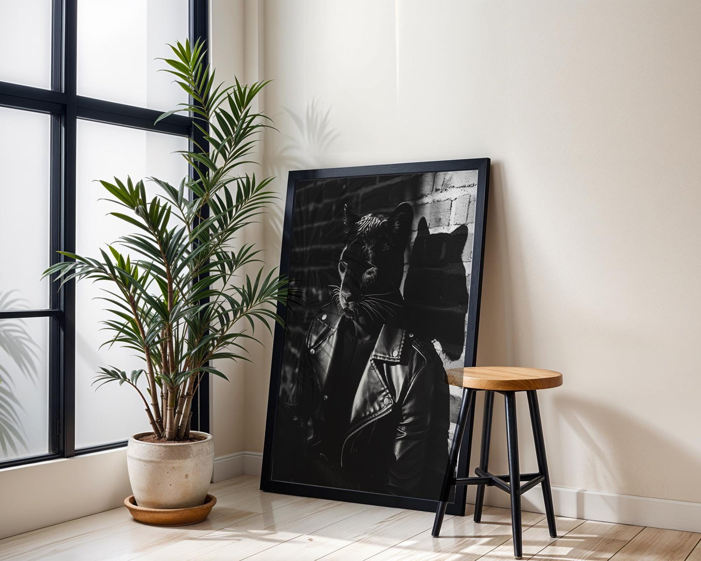 Minimal Wall Art Panther in Leather Jacket Print | Black and White Urban Animal Portrait black and white photo print, minimalist monochrome wall art poster for modern interiors, Monohaus