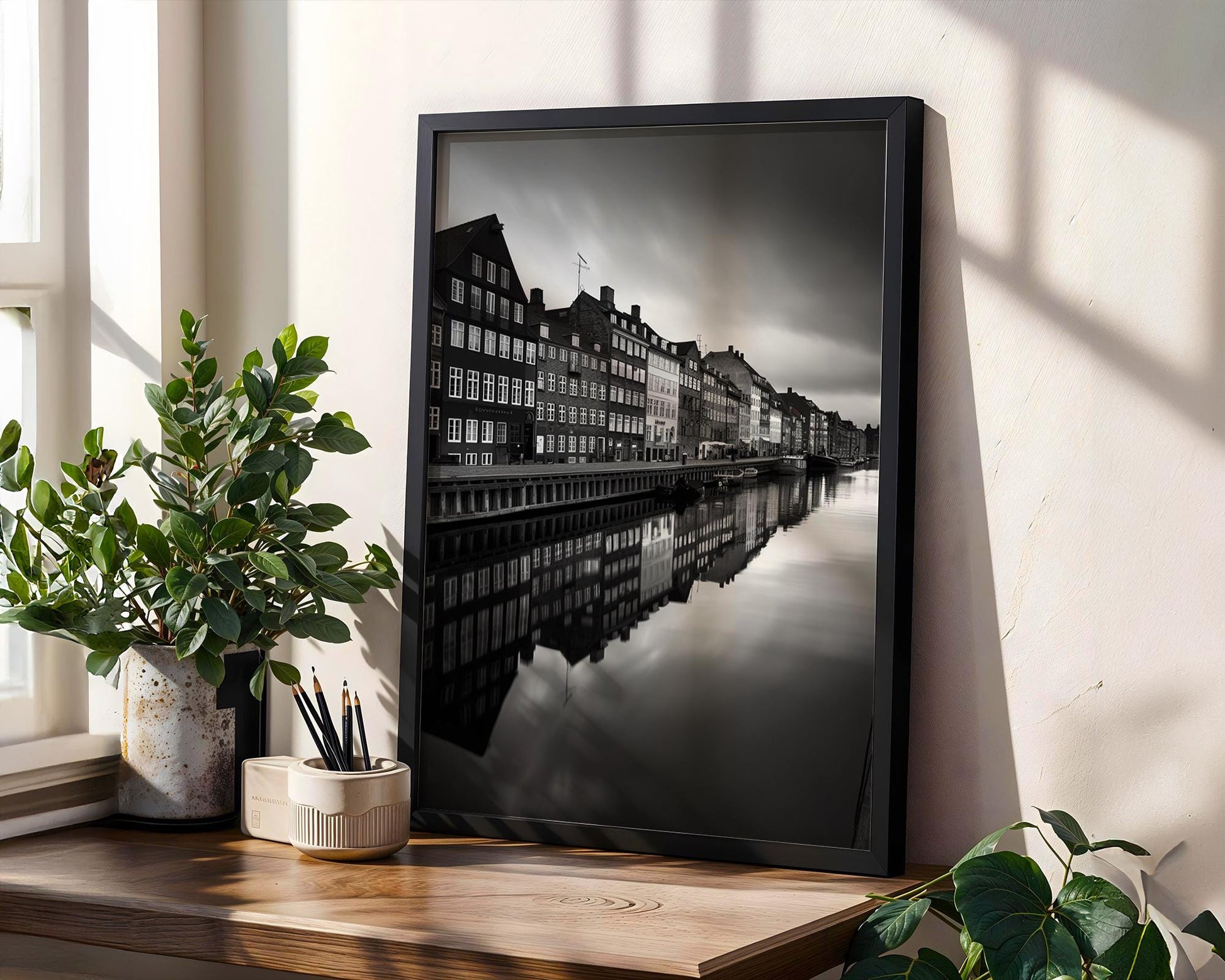 World Landmark | Copenhagen Canal Print | Black & White Scandi Architecture wall art print, black and white architectural poster, minimalist modern Scandinavian wall decor, Monohaus