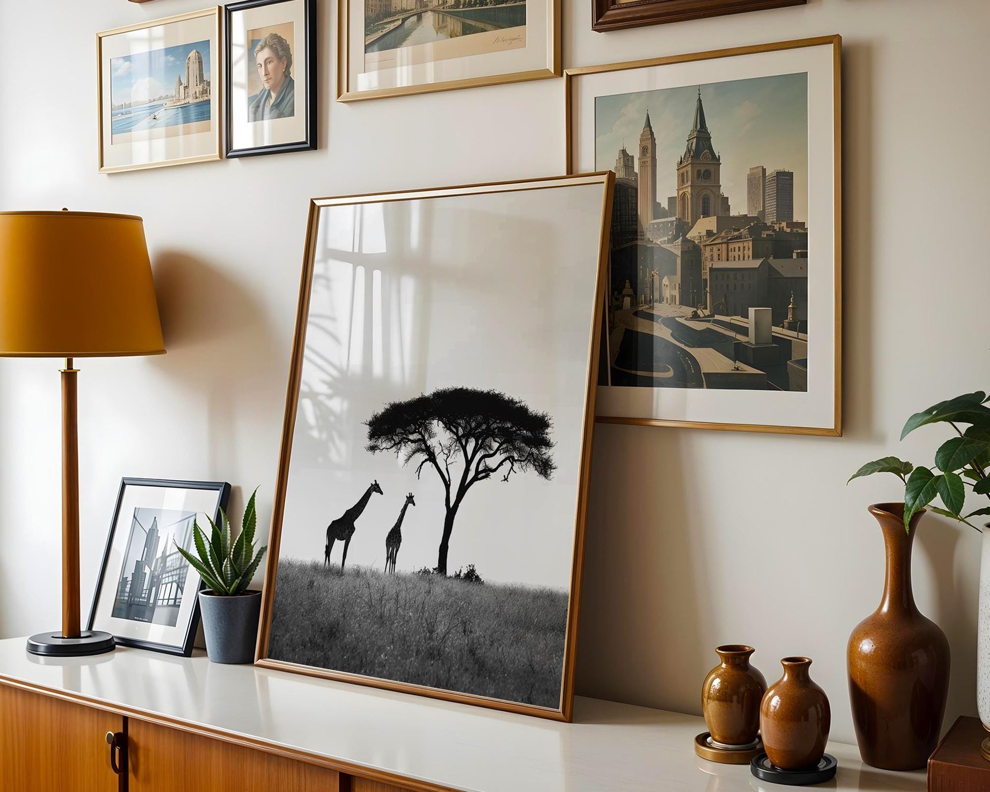 Wildlife Poster | Giraffe & Acacia Tree Print • Black and White Safari Photography wall art print, minimalist black and white poster, modern Scandinavian wall decor, Monohaus