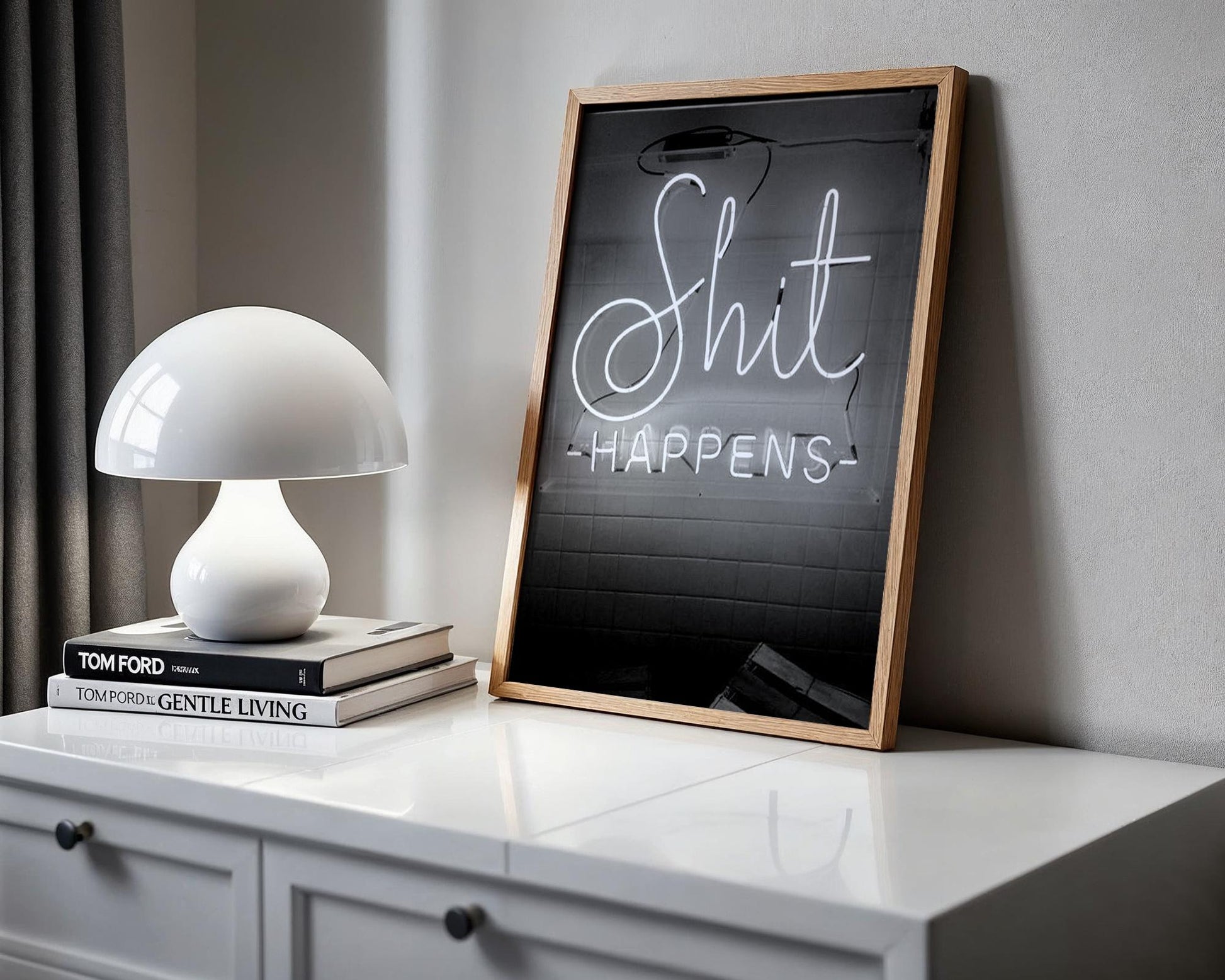 Designer Wall Art | Shit Happens Neon Sign Print | Black & White Quote Poster typography wall art print, minimalist black and white type poster, modern graphic design decor, Monohaus