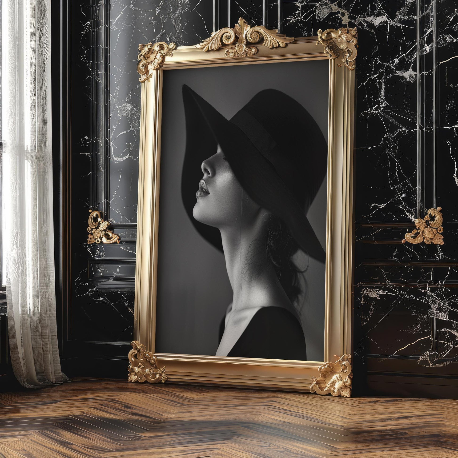 Minimal Wall Art Glamorous Woman in Hat Print | Chic Minimalist Fashion Poster wall art print, minimalist black and white poster, modern Scandinavian wall decor, Monohaus