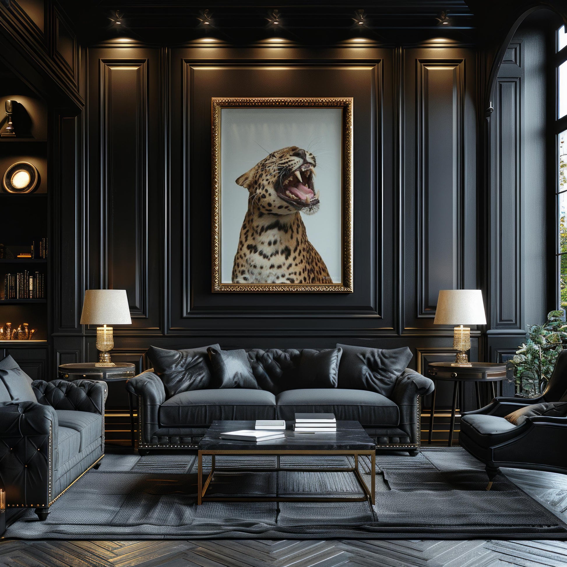 Designer Wall Art | Growling Leopard Print | Black and White Safari Animal Photo wall art print, minimalist black and white poster, modern Scandinavian wall decor, Monohaus