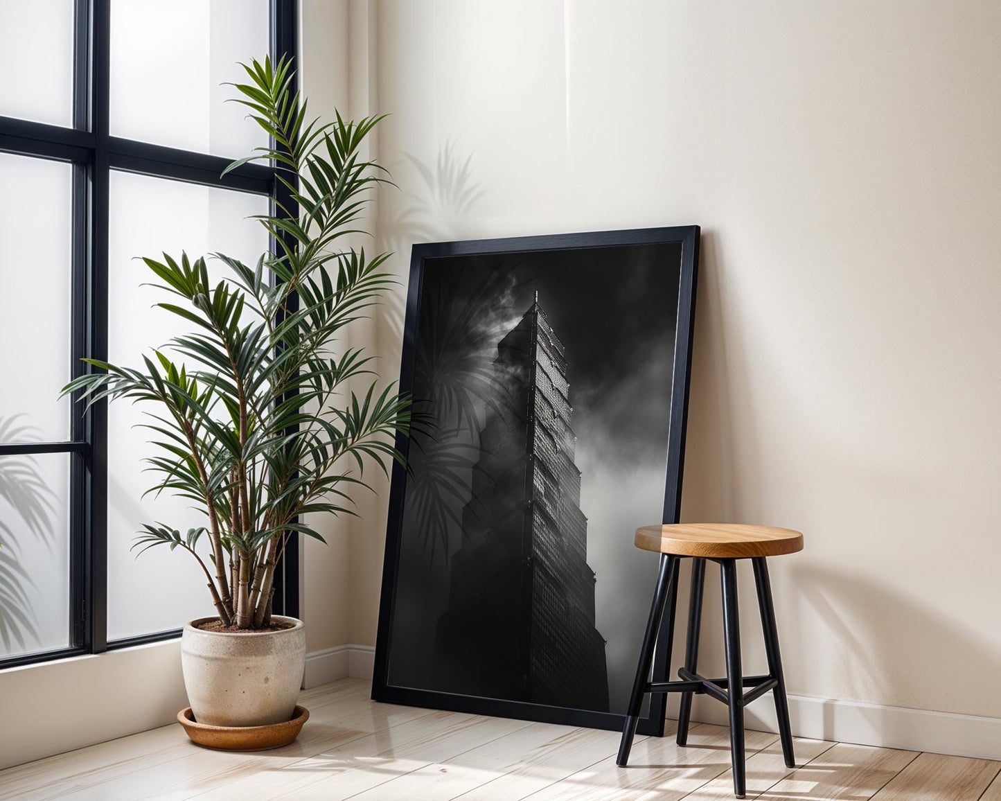 World Landmark | Taipei 101 Print | Foggy Taiwan Tower Black and White Photography wall art print, black and white architectural poster, minimalist modern Scandinavian wall decor, Monohaus