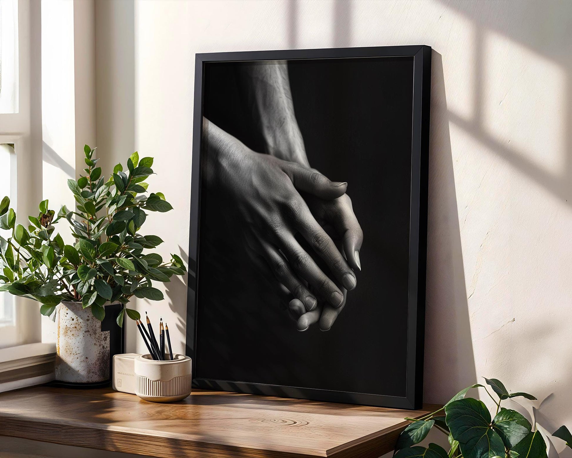 Minimal Wall Art Intimate Hands Print | Moody Black and White Photography wall art print, minimalist black and white poster, modern Scandinavian wall decor, Monohaus