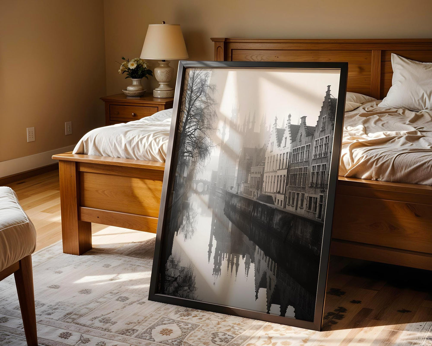 World Landmark | Bruges Belgium Photography Print | Black and White Canal Reflection wall art print, minimalist black and white poster, modern Scandinavian wall decor, Monohaus