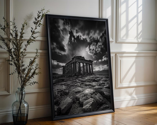 World Landmark | Parthenon Temple Sunburst Print | Black and White Athens Architecture