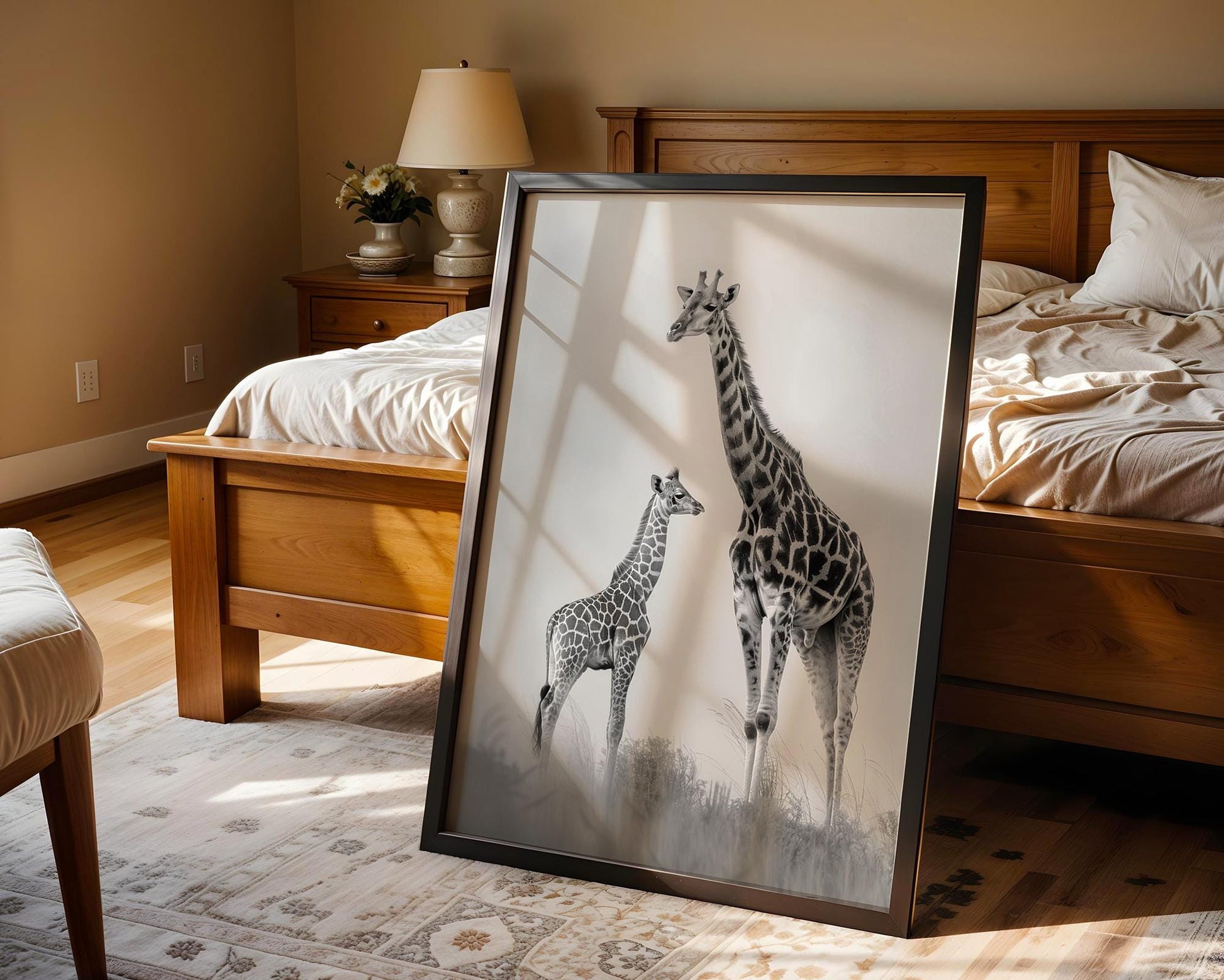 Wildlife Poster | Giraffe & Calf Print | Minimalist Black and White Photography wall art print, minimalist black and white poster, modern Scandinavian wall decor, Monohaus