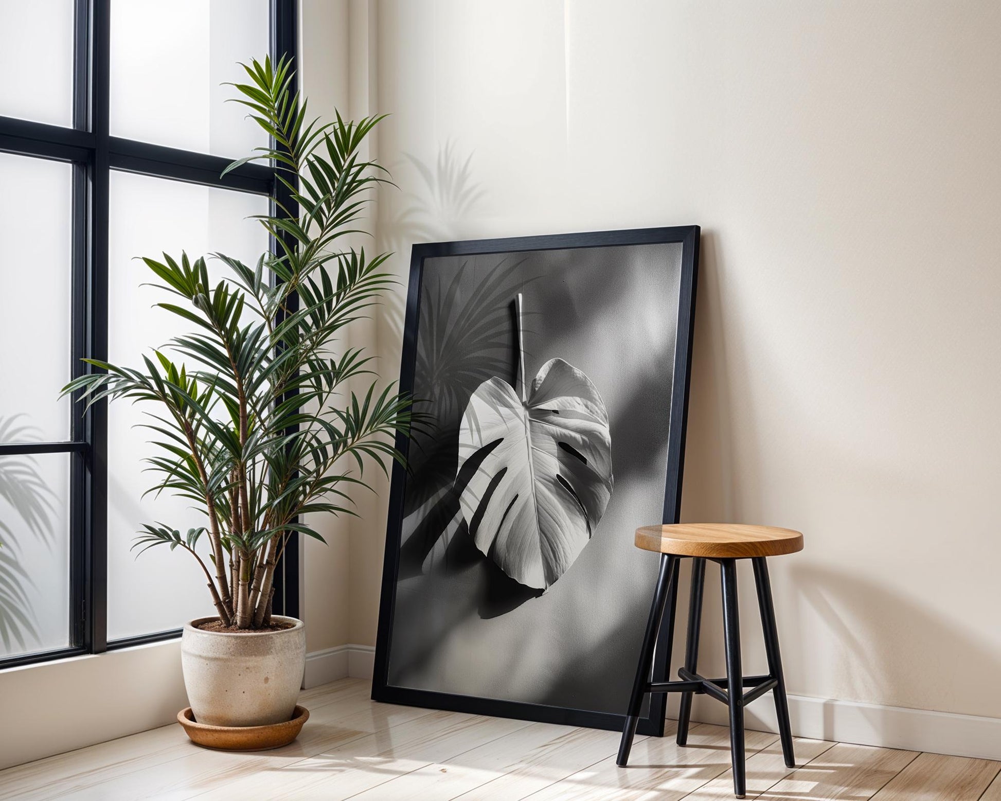 Botanical Photo | Monstera Leaf Print | Black & White Shadow Art, Scandi Decor wall art print, minimalist black and white poster, modern Scandinavian wall decor, Monohaus
