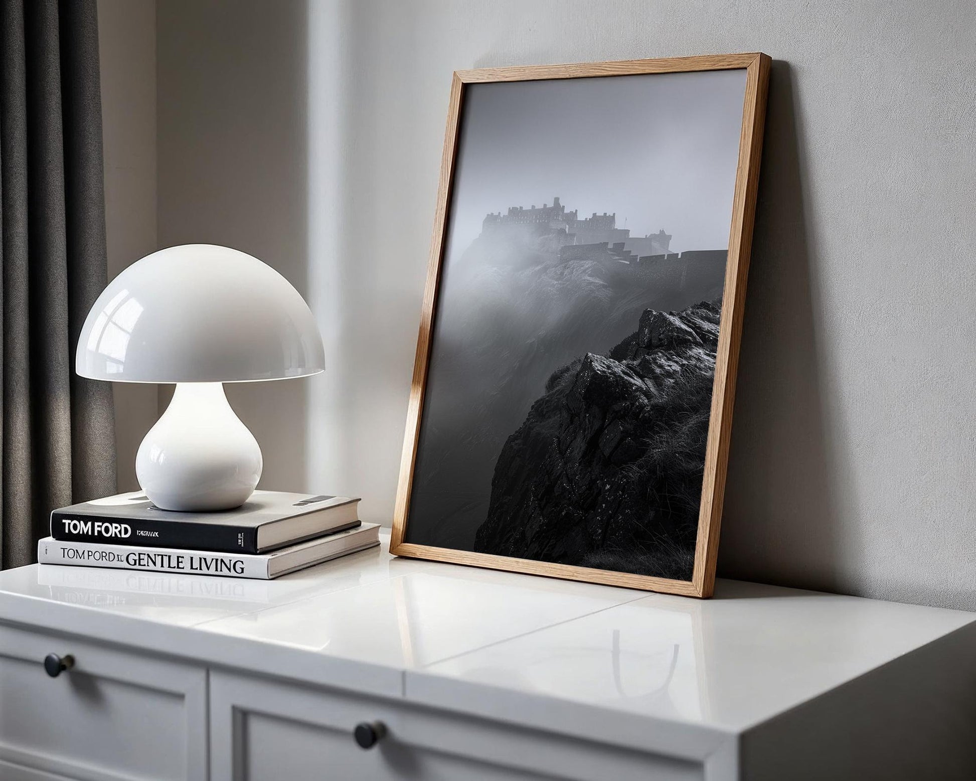 World Landmark | Edinburgh Castle Print | Moody Scotland Black & White Photography wall art print, minimalist black and white poster, modern Scandinavian wall decor, Monohaus