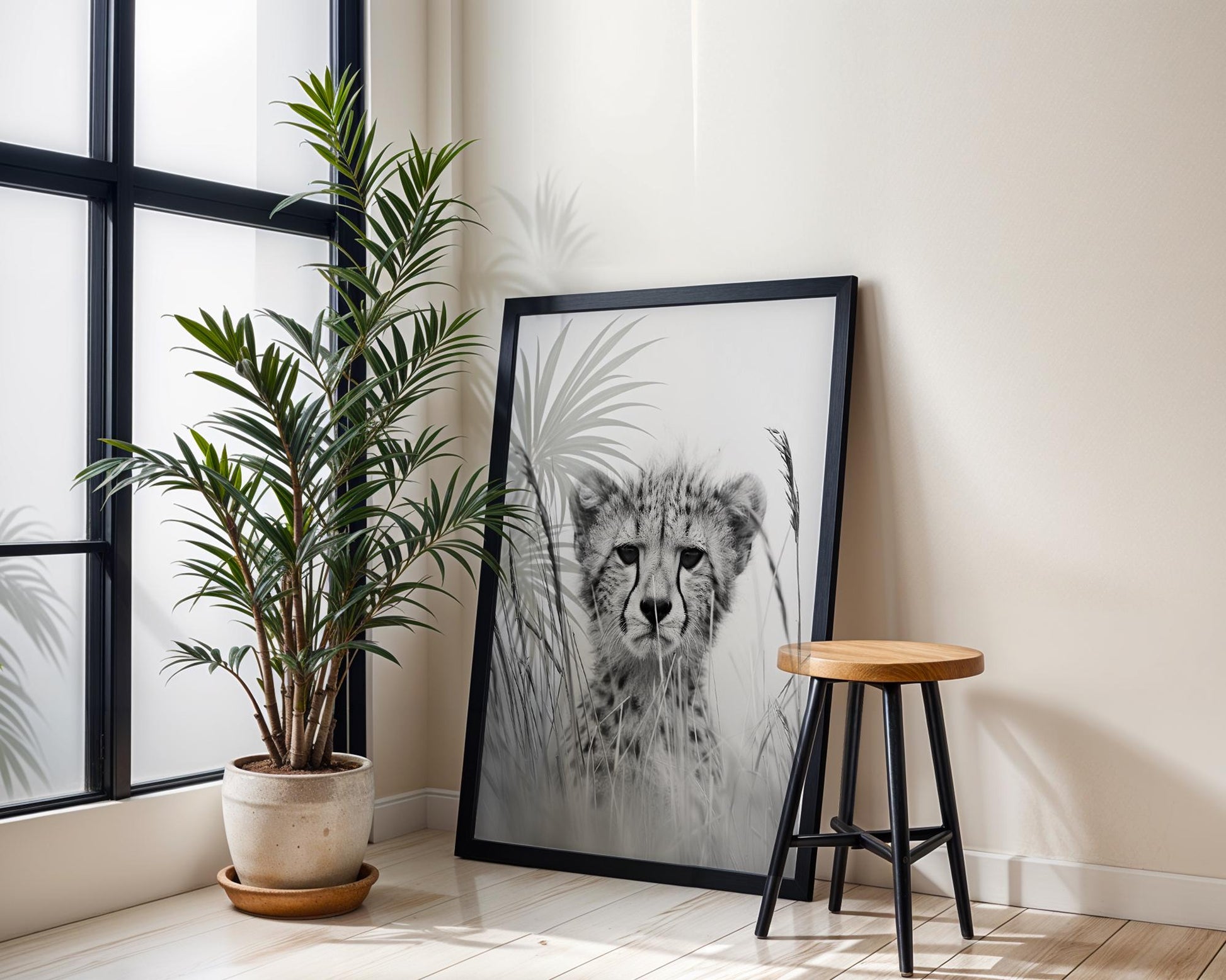 Wildlife Poster | Cheetah Cub Fine Art Print | Black & White Minimal Photography wall art print, minimalist black and white poster, modern Scandinavian wall decor, Monohaus