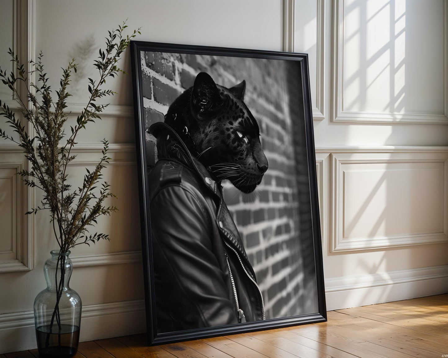 Black Panther Leather Jacket Print | Bold Animal Portrait, Urban Wall Art black and white photo print, minimalist monochrome wall art poster for modern interiors, Monohaus