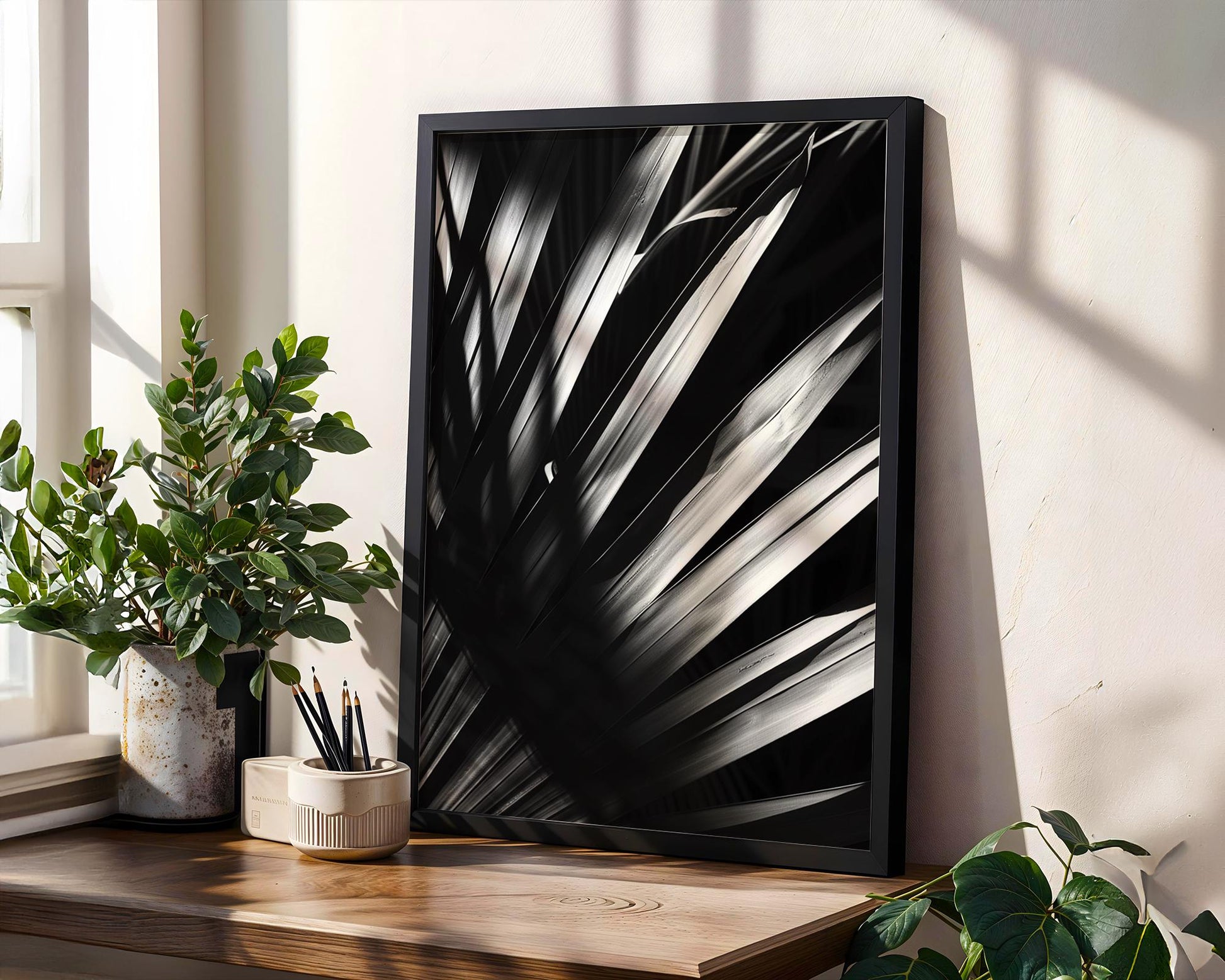 Botanical Photo | Abstract Palm Leaf Shadows | Black and White Photography Print abstract wall art print, geometric minimalist poster, modern Scandinavian decor, Monohaus