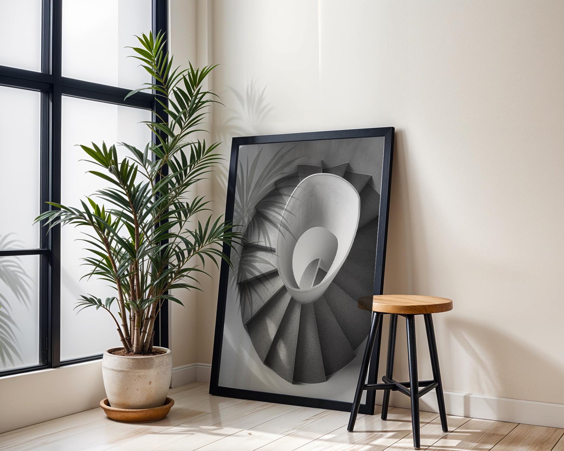 Minimal Wall Art Light Spiral | Black and White Urban Architecture Photography wall art print, black and white architectural poster, minimalist modern Scandinavian wall decor, Monohaus