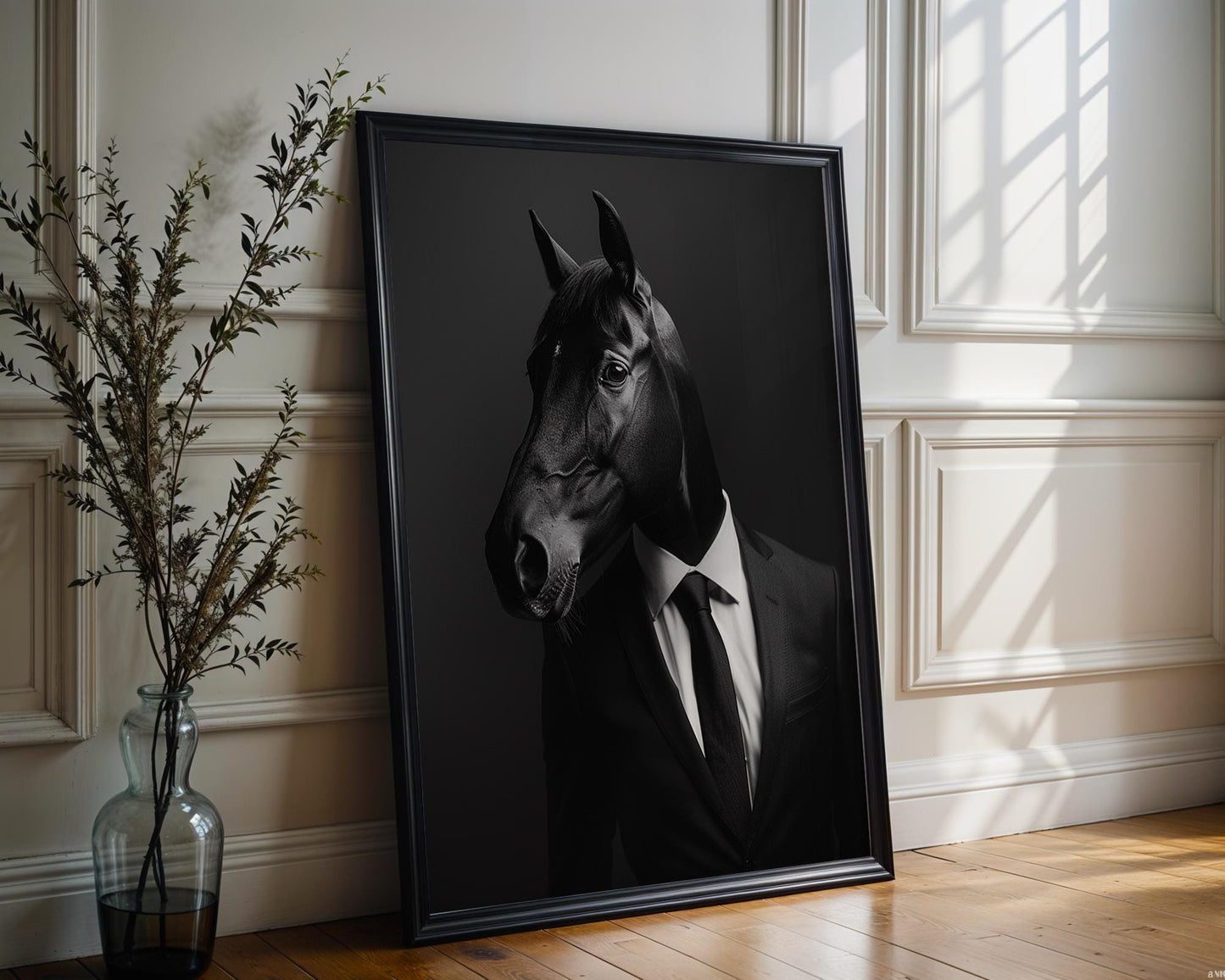 Designer Wall Art | Horse in Tuxedo Print | Equestrian Gentleman Photography wall art print, minimalist black and white poster, modern Scandinavian wall decor, Monohaus