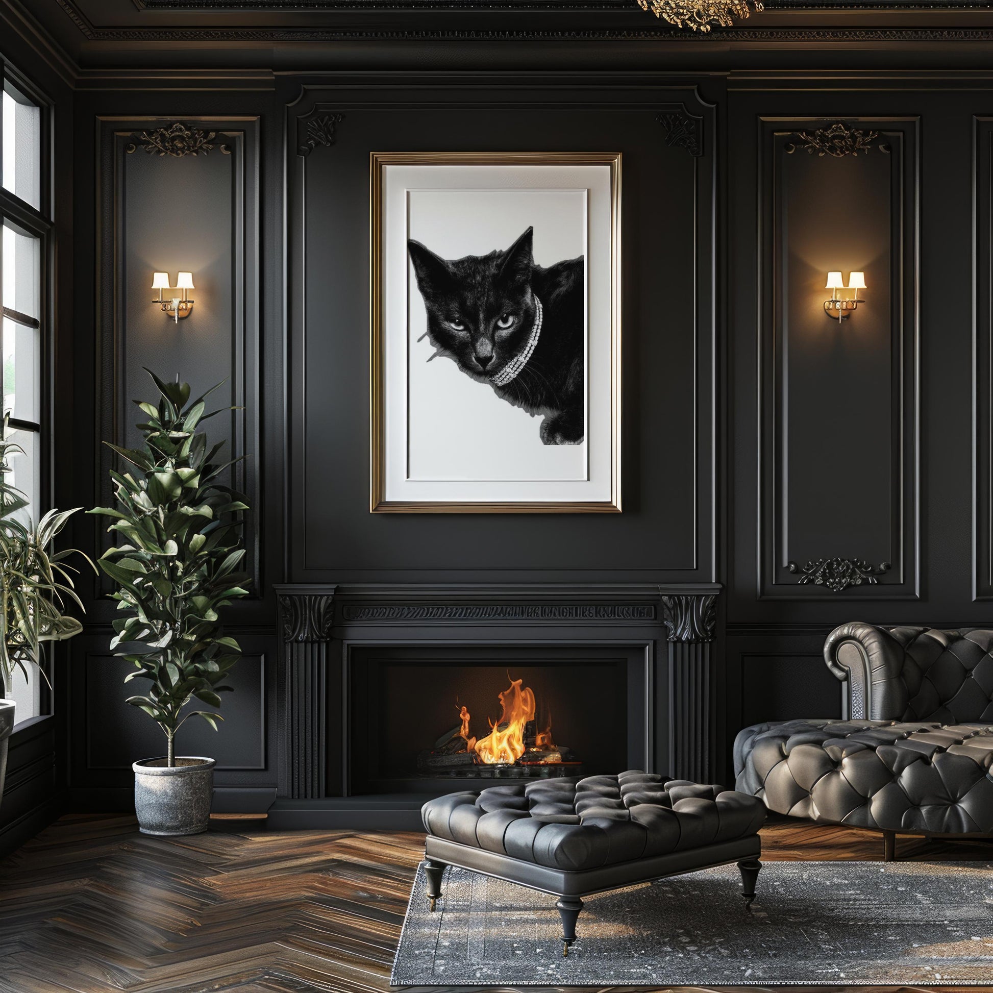 Designer Wall Art | Glam Black Cat Print | Diamond Collar, Minimalist Pet Portrait wall art print, minimalist black and white poster, modern Scandinavian wall decor, Monohaus