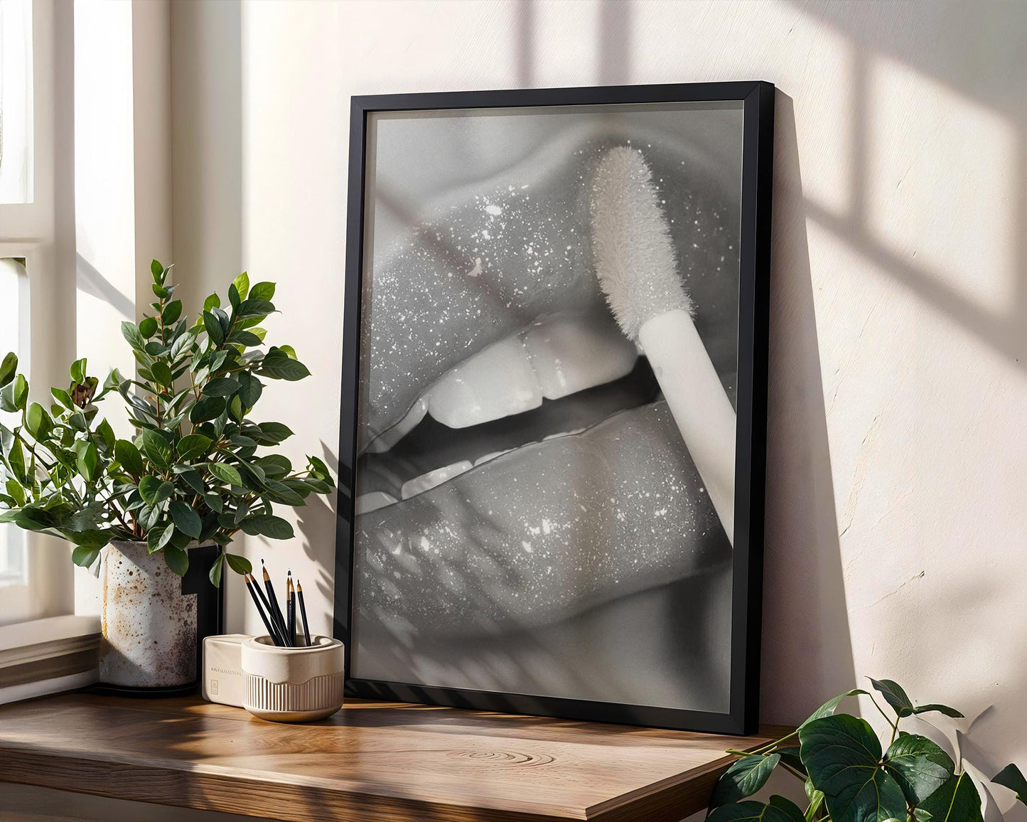 Designer Wall Art | Glitter Lips Print | Black and White Glam Makeup Photography wall art print, minimalist black and white poster, modern Scandinavian wall decor, Monohaus