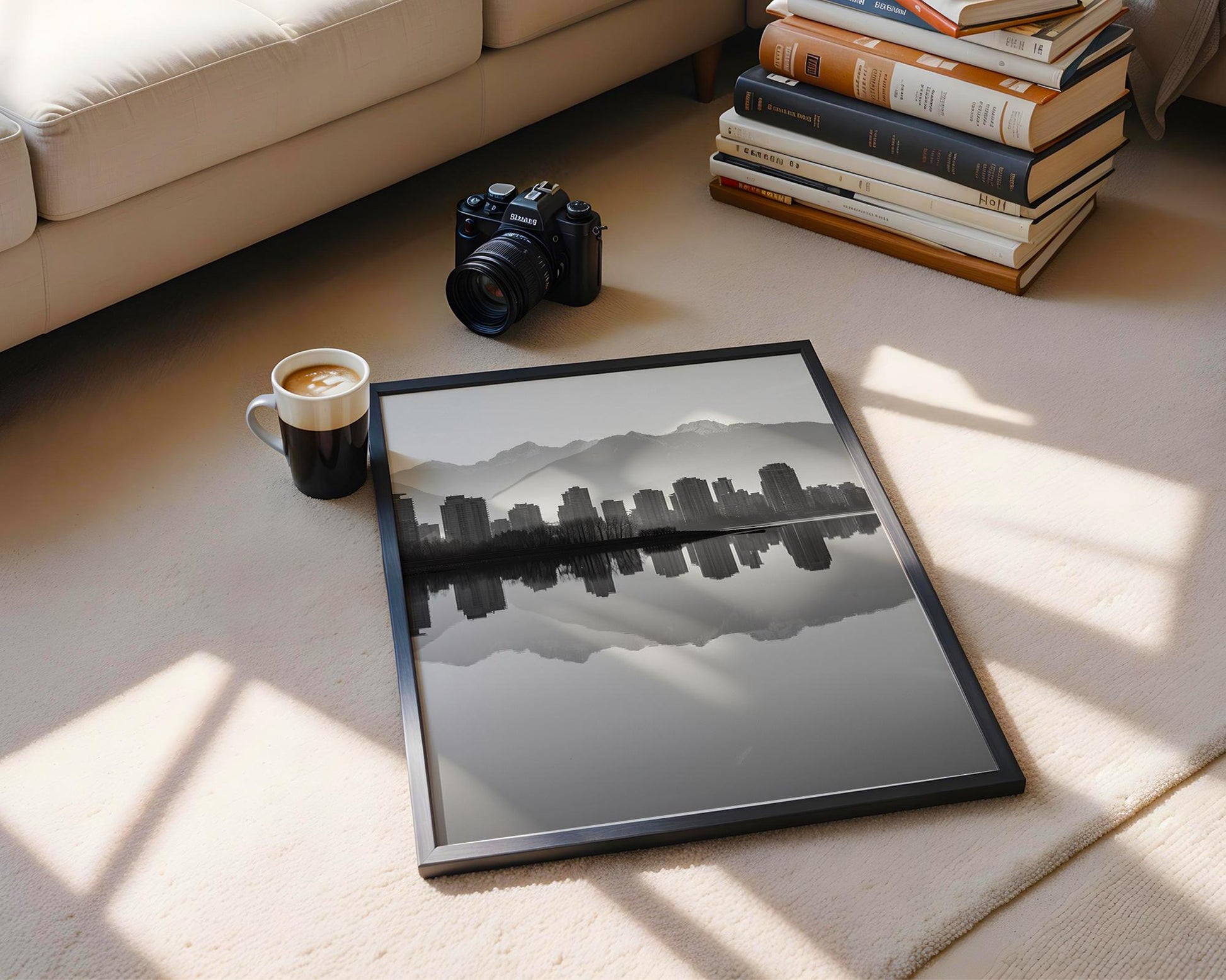 World Landmark | Vancouver Skyline Print | Black and White Mountain Reflection wall art print, minimalist black and white poster, modern Scandinavian wall decor, Monohaus