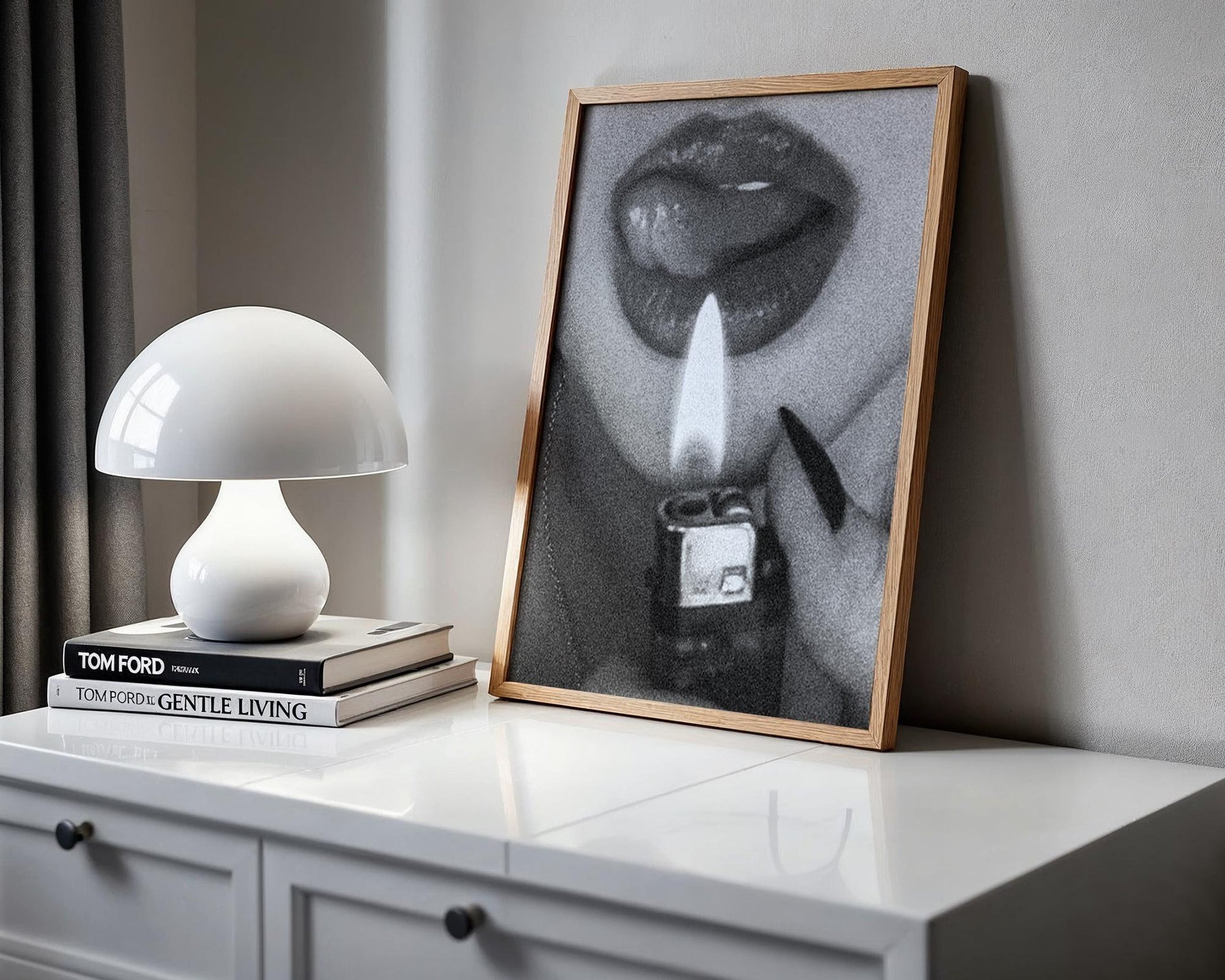 Designer Wall Art | Lips with Lighter Photography | Black and White Seductive wall art print, minimalist black and white poster, modern Scandinavian wall decor, Monohaus