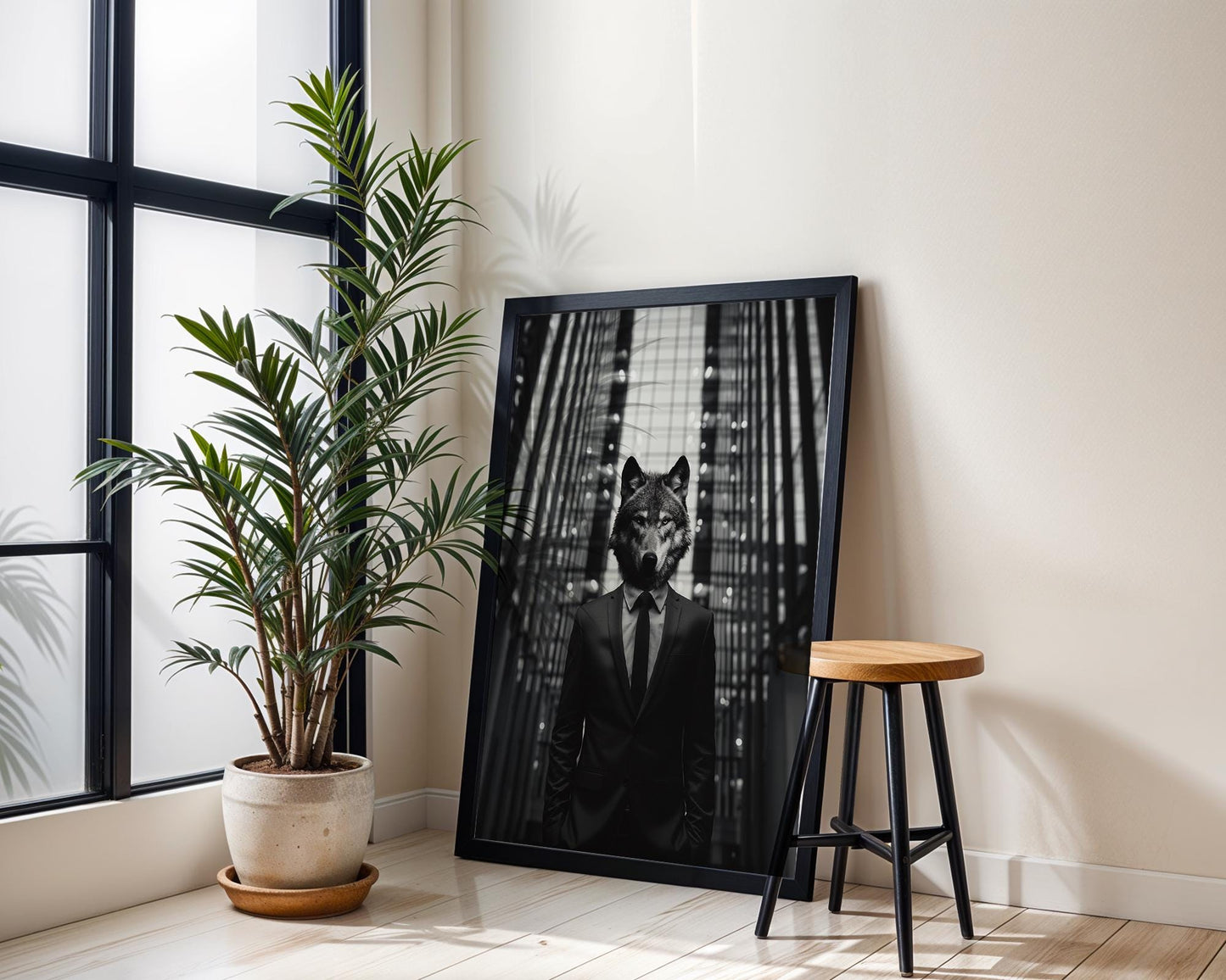 Designer Wall Art | Black and White Surreal Photography | Wolf Head in Suit wall art print, minimalist black and white poster, modern Scandinavian wall decor, Monohaus