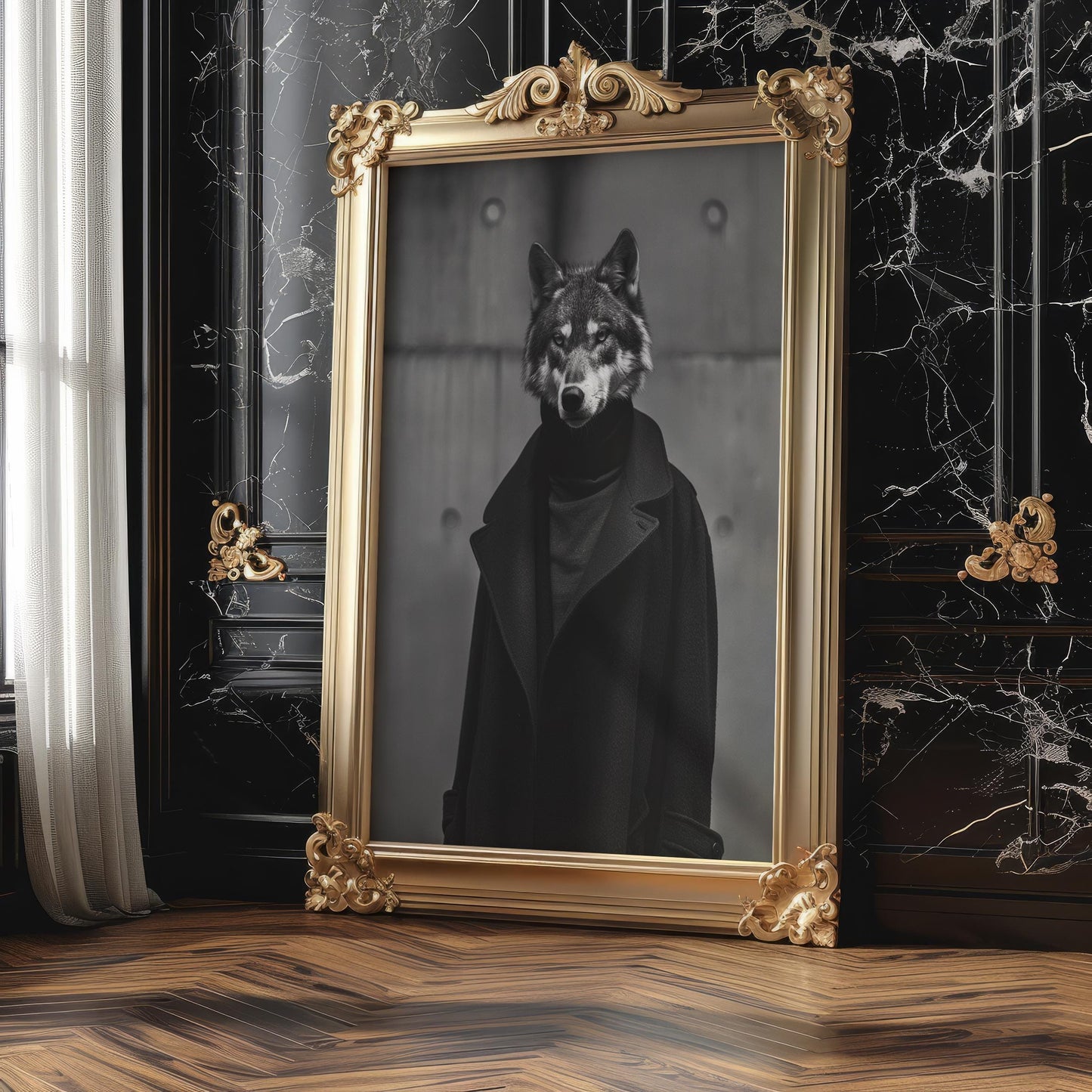 Designer Wall Art | Wolf Portrait Print | Black and White Urban Fashion Photography black and white photo print, minimalist monochrome wall art poster for modern interiors, Monohaus