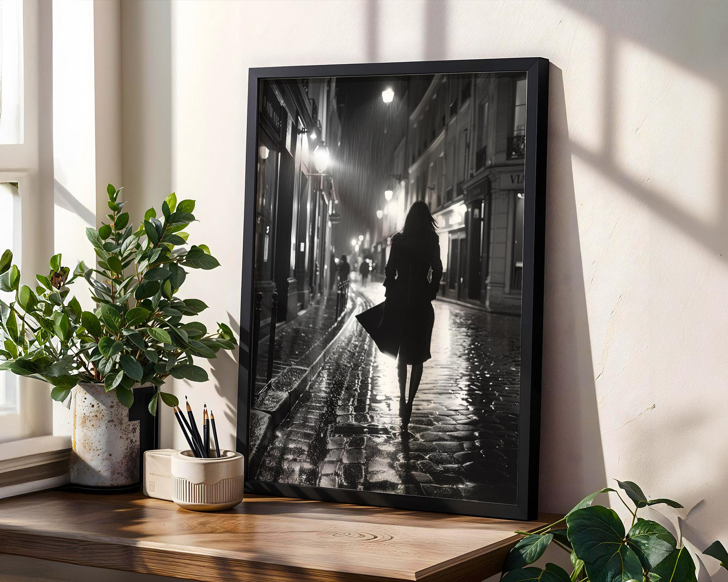 Urban Photography | Paris Street Photography Print | Noir Fine Art, Woman Walking at Night black and white photo print, minimalist monochrome wall art poster for modern interiors, Monohaus