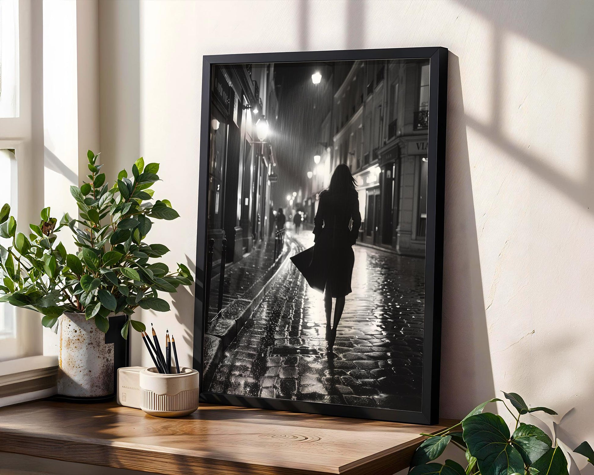 Urban Photography | Paris Street Photography Print | Noir Fine Art, Woman Walking at Night black and white photo print, minimalist monochrome wall art poster for modern interiors, Monohaus