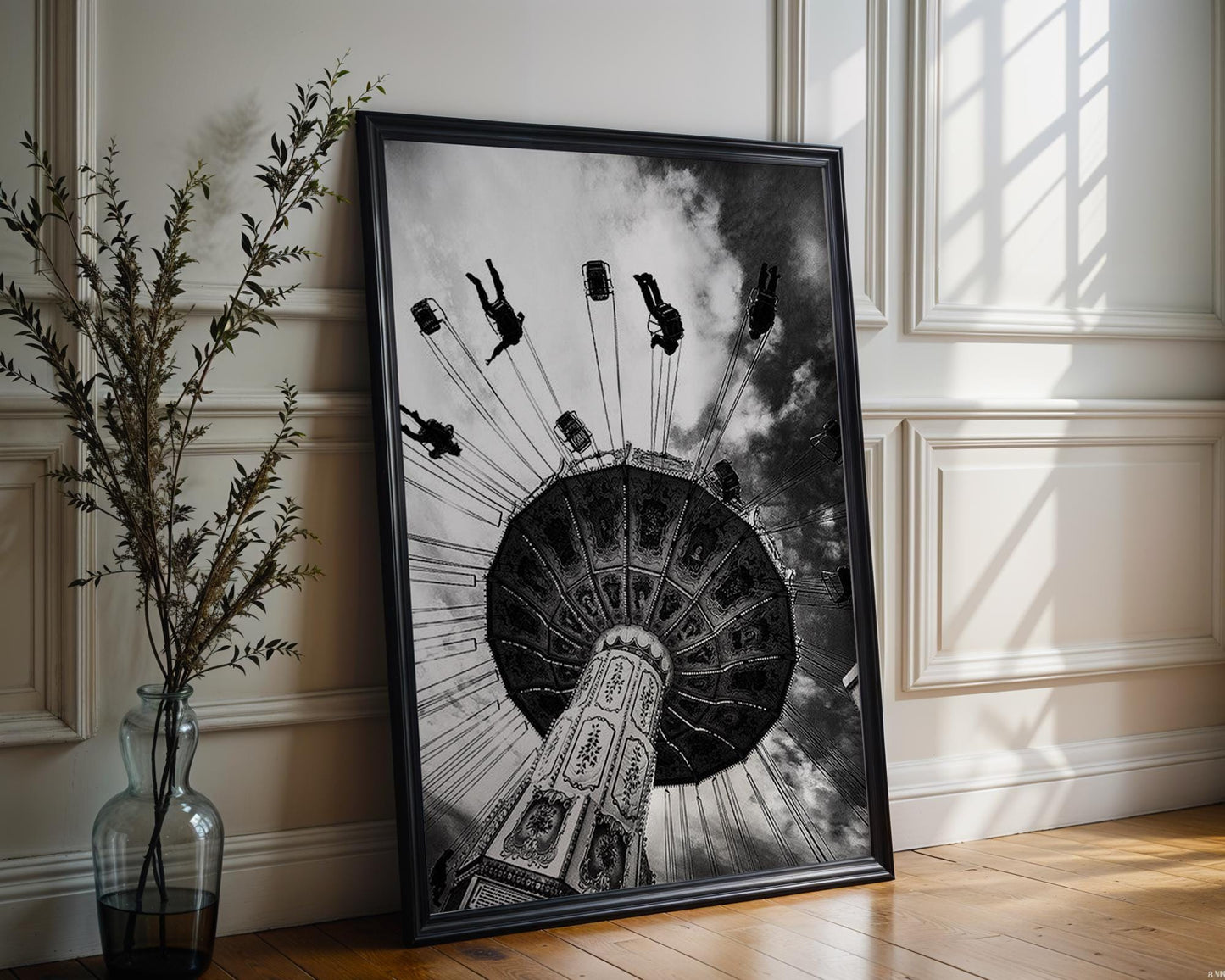 Designer Wall Art | Black and White Swing Ride Photo | Vintage Carnival Art Print wall art print, minimalist black and white poster, modern Scandinavian wall decor, Monohaus
