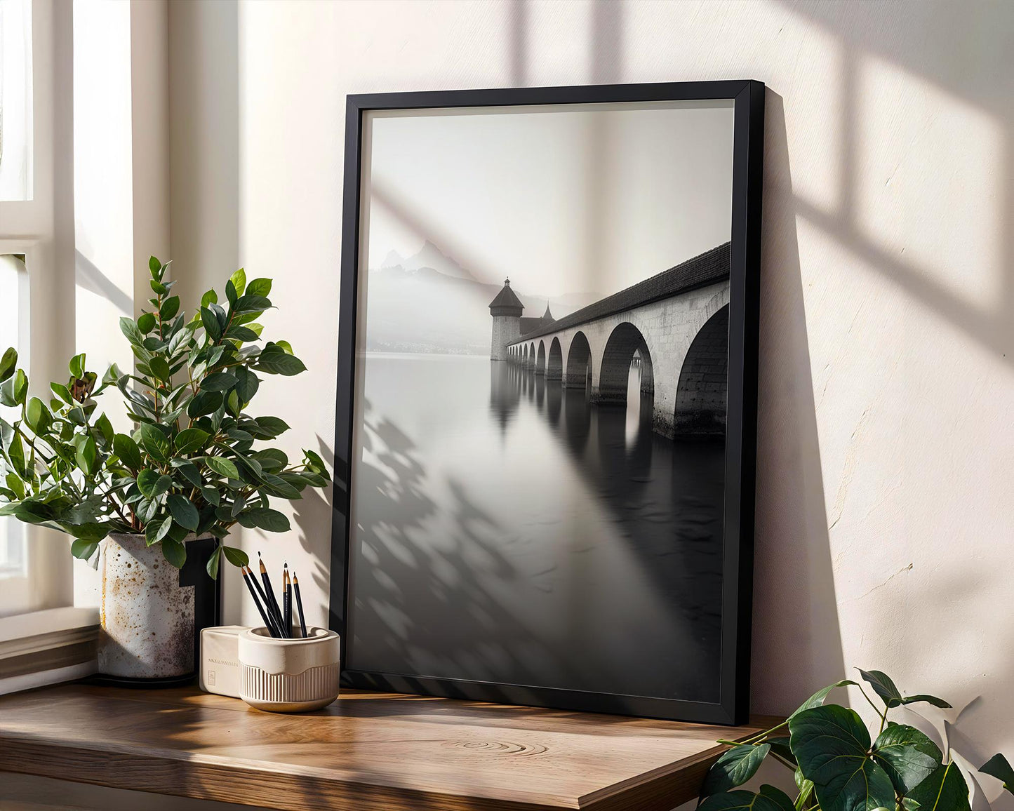 World Landmark | Lucerne Chapel Bridge Print | Switzerland Black and White Photography wall art print, minimalist black and white poster, modern Scandinavian wall decor, Monohaus