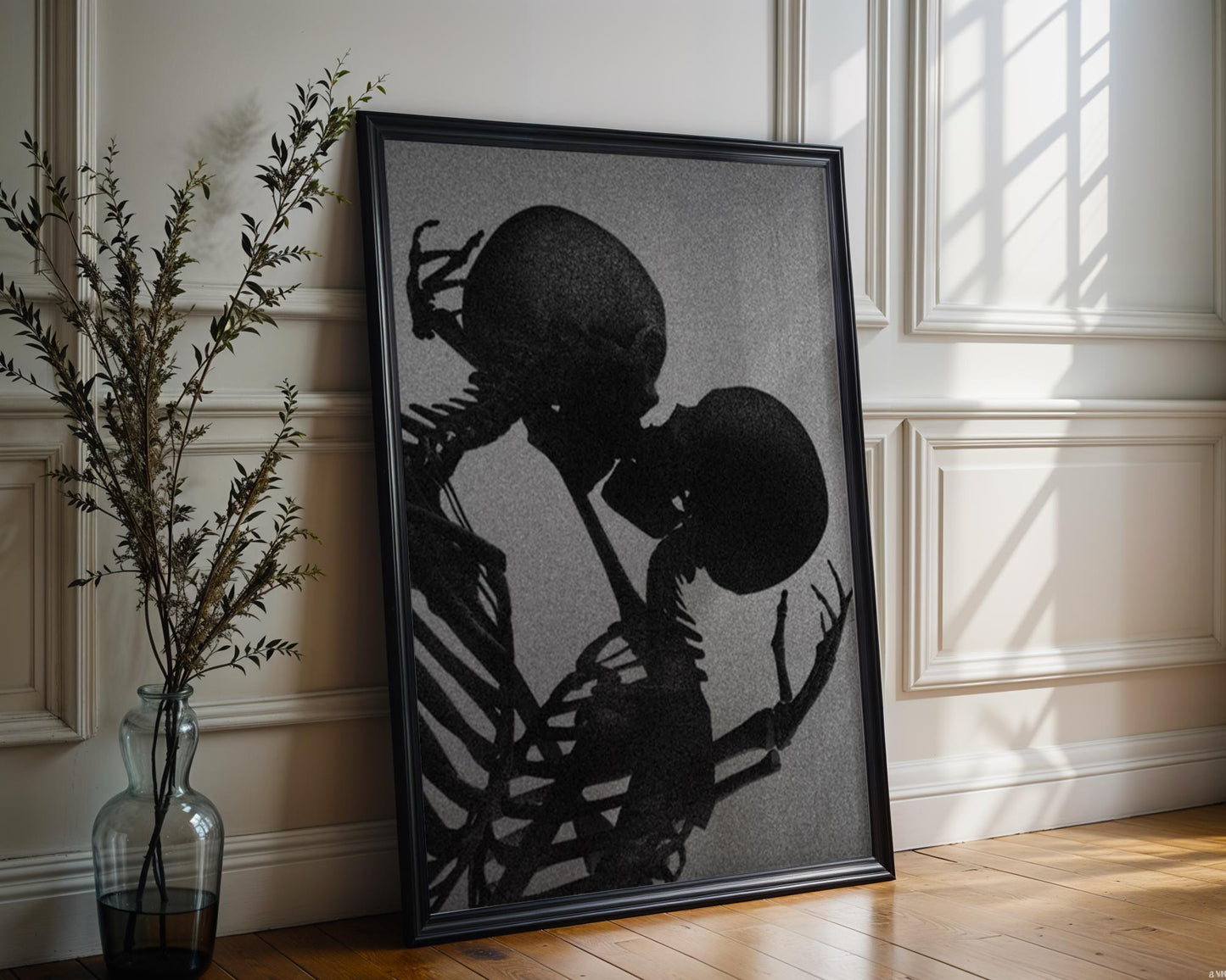 Designer Wall Art | Skeleton Kissing Print | Gothic Romance, Dark Valentine Art wall art print, minimalist black and white poster, modern Scandinavian wall decor, Monohaus