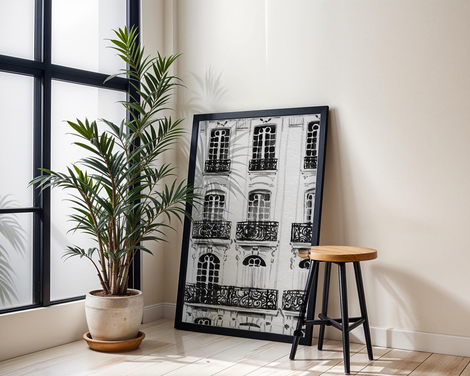 Designer Wall Art | Paris Haussmann Architecture Print | Black & White Balcony wall art print, black and white architectural poster, minimalist modern Scandinavian wall decor, Monohaus