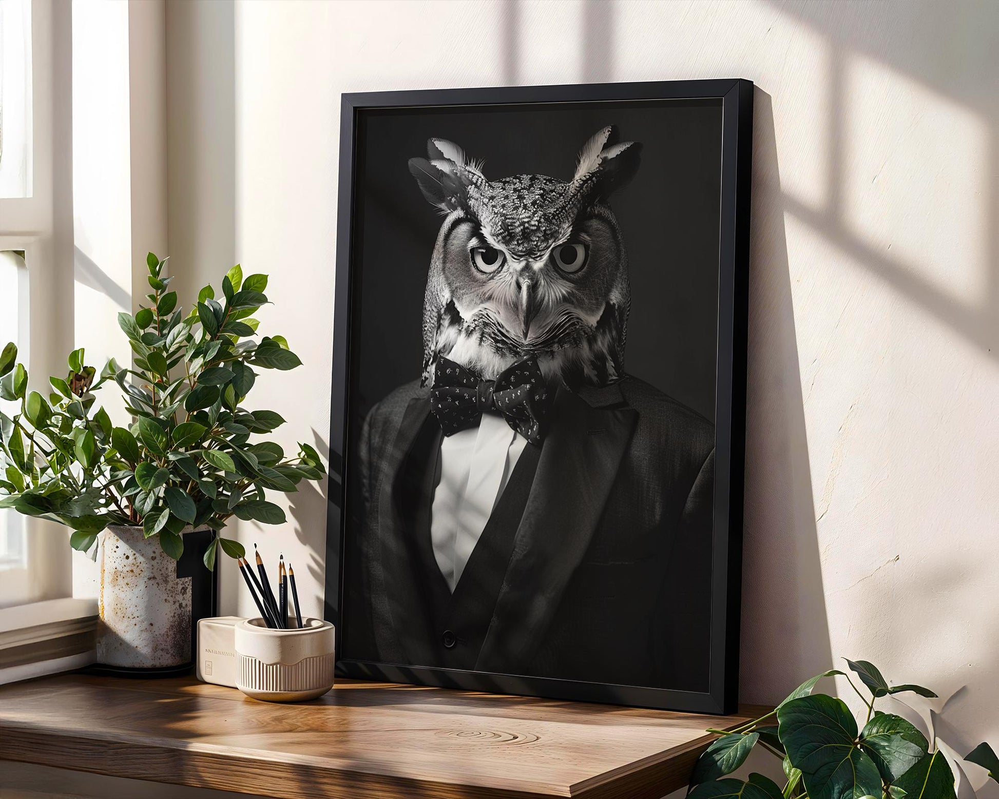 Designer Wall Art | Owl Portrait Print | Anthropomorphic Animal in Suit, Bow Tie wall art print, minimalist black and white poster, modern Scandinavian wall decor, Monohaus