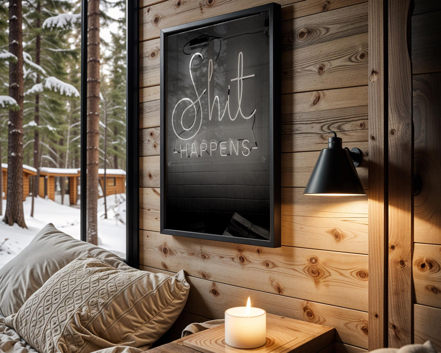 Designer Wall Art | Shit Happens Neon Sign Print | Black & White Quote Poster typography wall art print, minimalist black and white type poster, modern graphic design decor, Monohaus