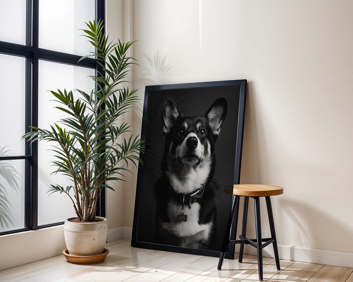 Dog Photography Monochrome Corgi Portrait | Minimalist Black and White Pet Art Print wall art print, minimalist black and white poster, modern Scandinavian wall decor, Monohaus