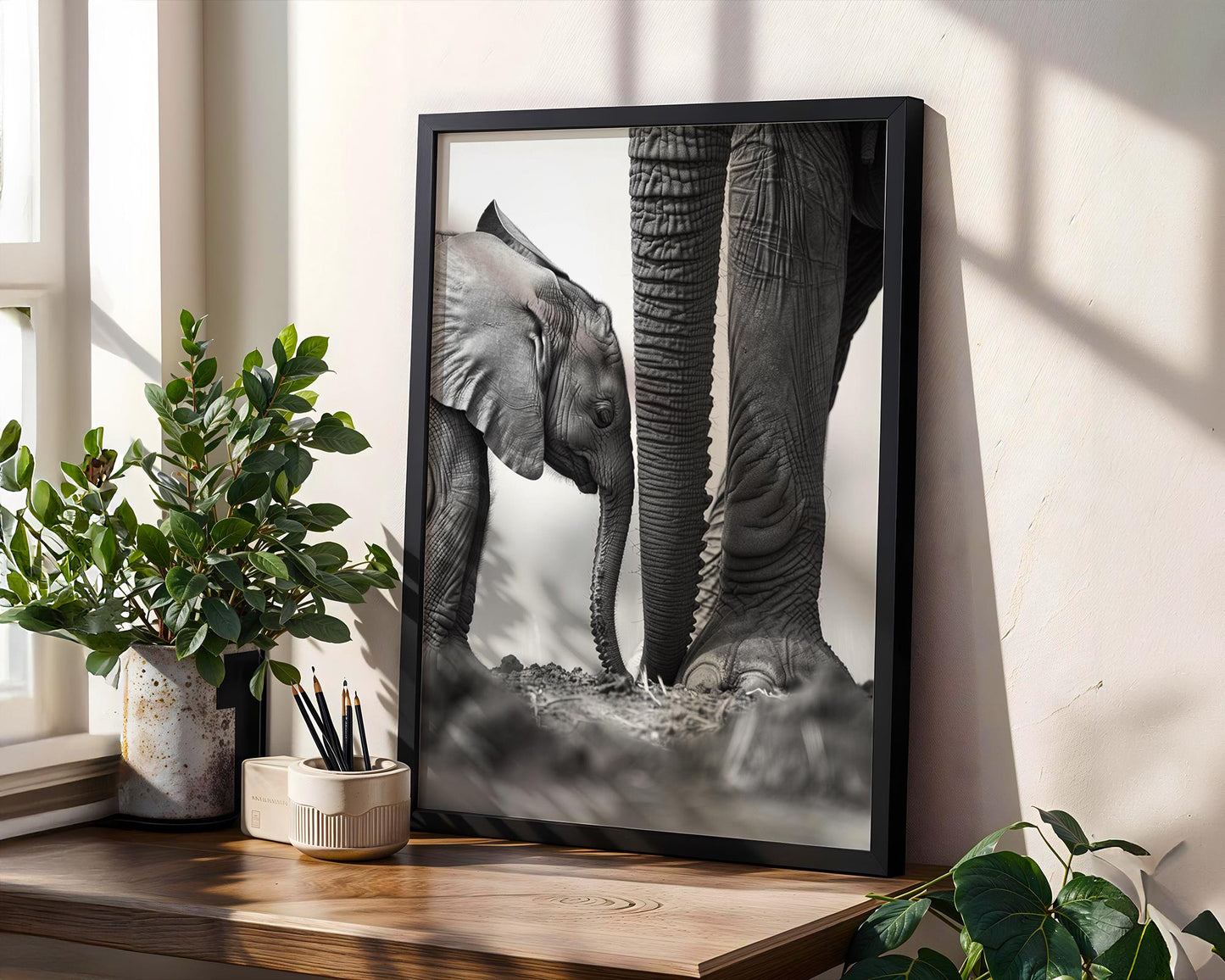 Wildlife Poster | Elephant Calf & Mother Print | Black and White Safari Photography wall art print, minimalist black and white poster, modern Scandinavian wall decor, Monohaus