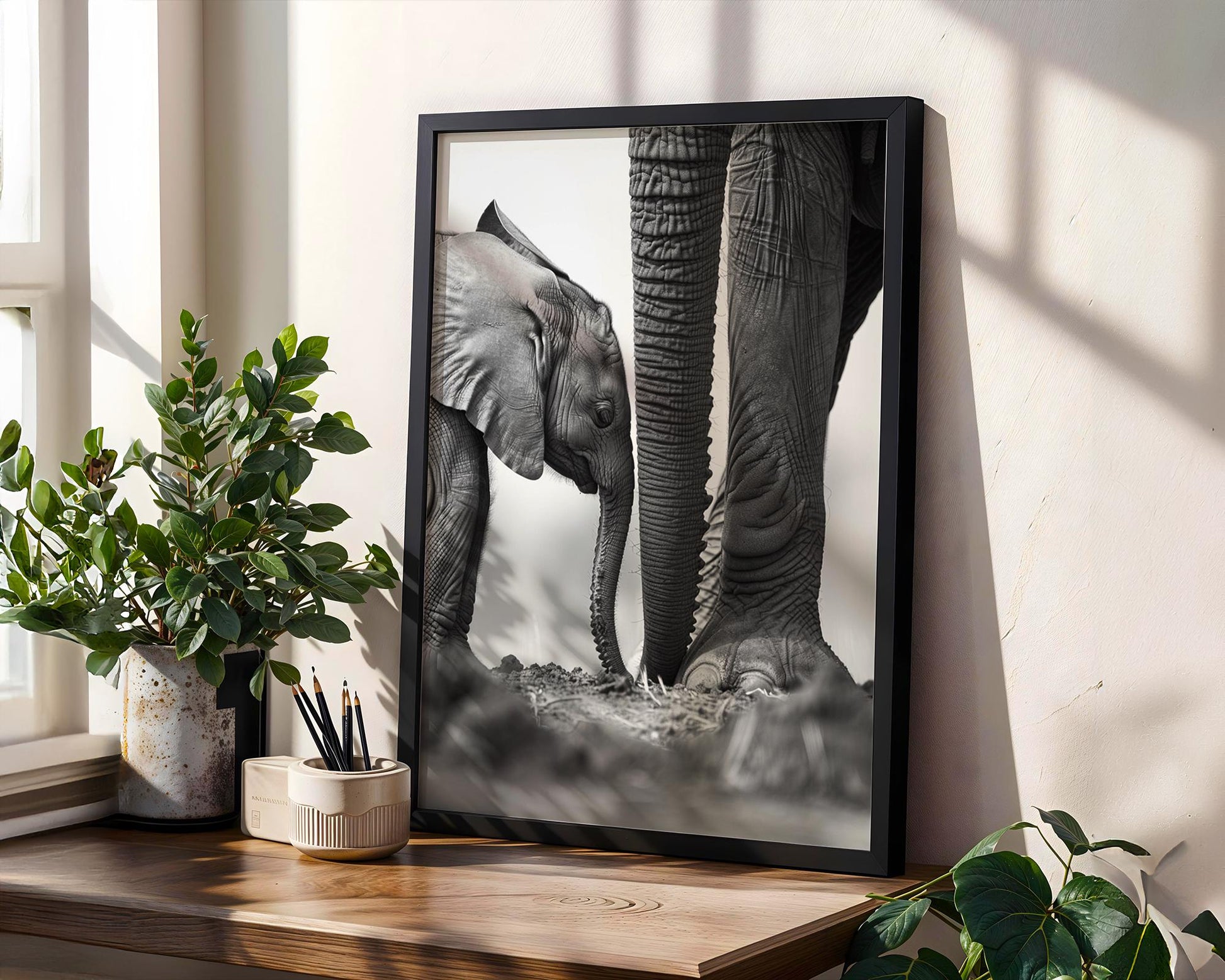 Wildlife Poster | Elephant Calf & Mother Print | Black and White Safari Photography wall art print, minimalist black and white poster, modern Scandinavian wall decor, Monohaus