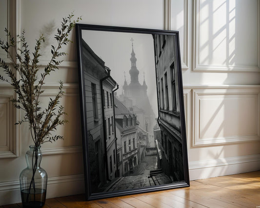 World Landmark | Vilnius Old Town Photography Print | Black and White European Travel Art wall art print, minimalist black and white poster, modern Scandinavian wall decor, Monohaus