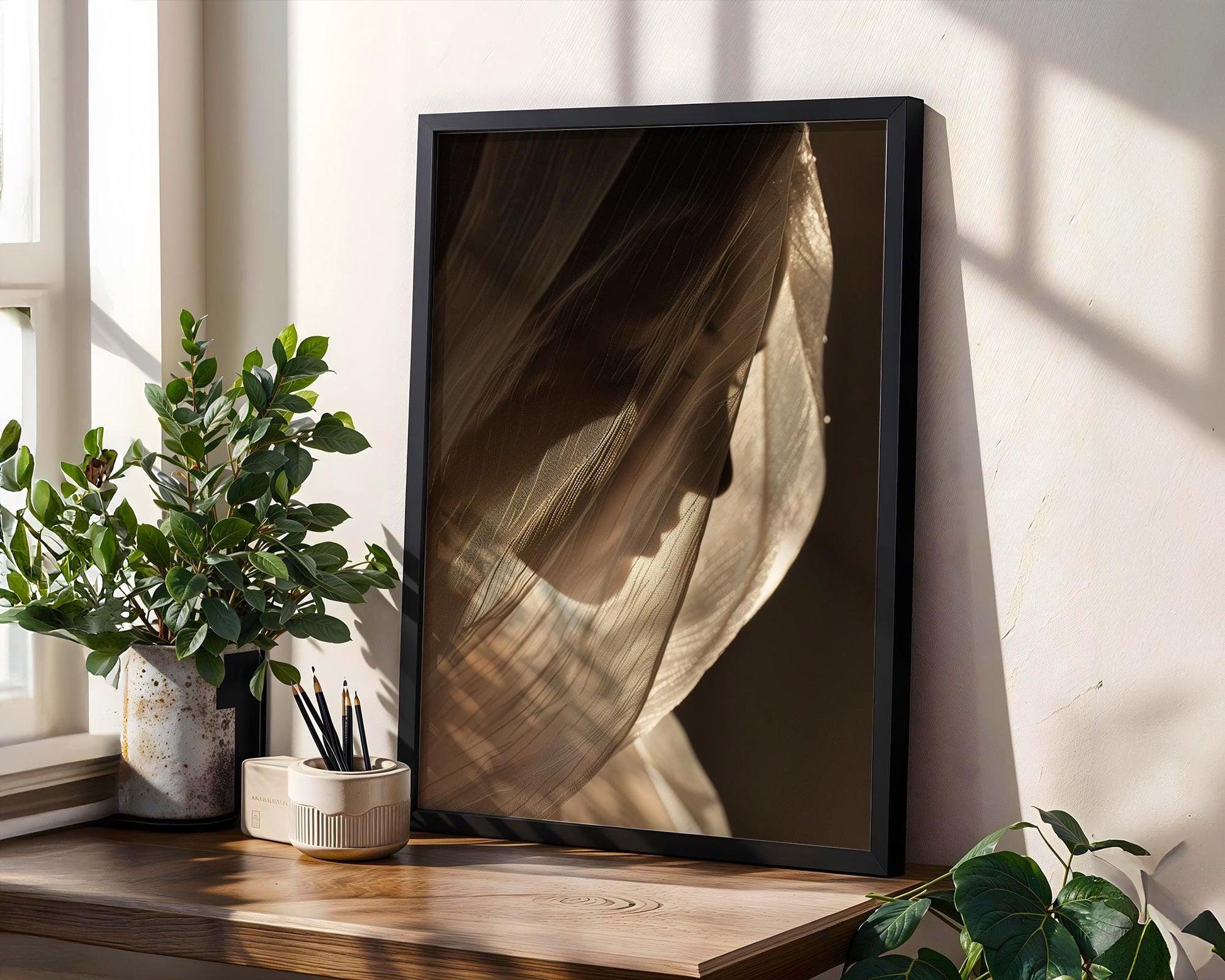 Minimal Wall Art Ethereal Veiled Woman Art Print | Dark Feminine Silhouette Photo wall art print, minimalist black and white poster, modern Scandinavian wall decor, Monohaus