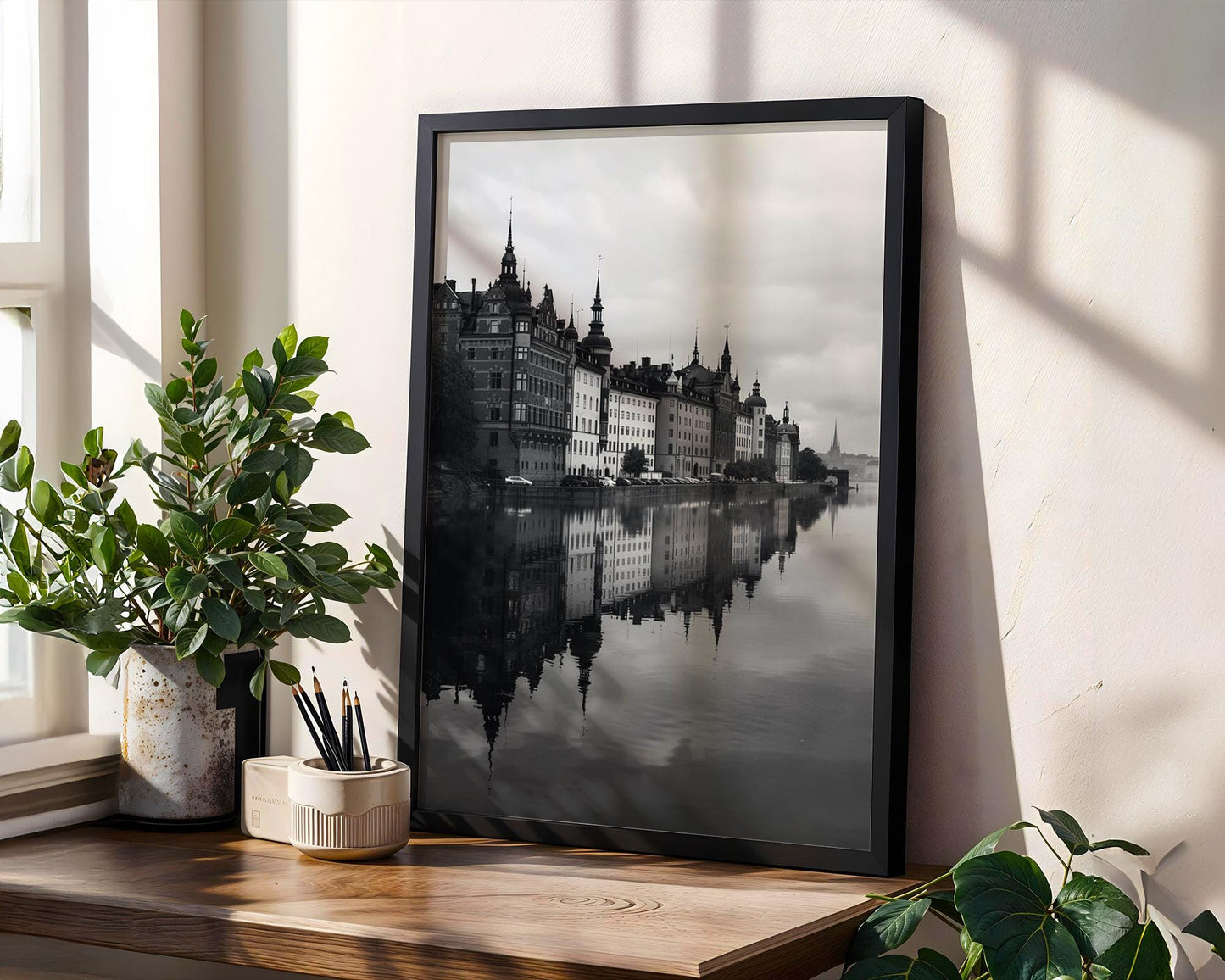 World Landmark | Stockholm Waterfront Print | Black and White Photography, Nordic Architecture wall art print, black and white architectural poster, minimalist modern Scandinavian wall decor, Monohaus