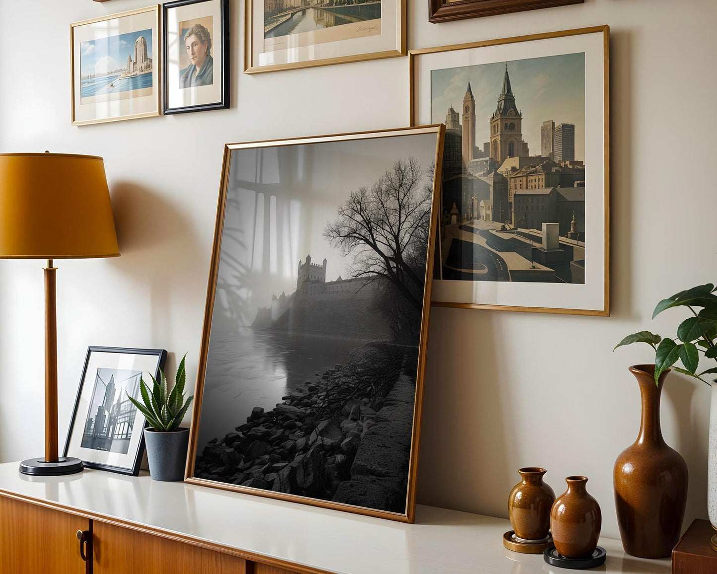 World Landmark | Castle Riverbank Photography Print | Minimalist Black and White Wall Art wall art print, minimalist black and white poster, modern Scandinavian wall decor, Monohaus