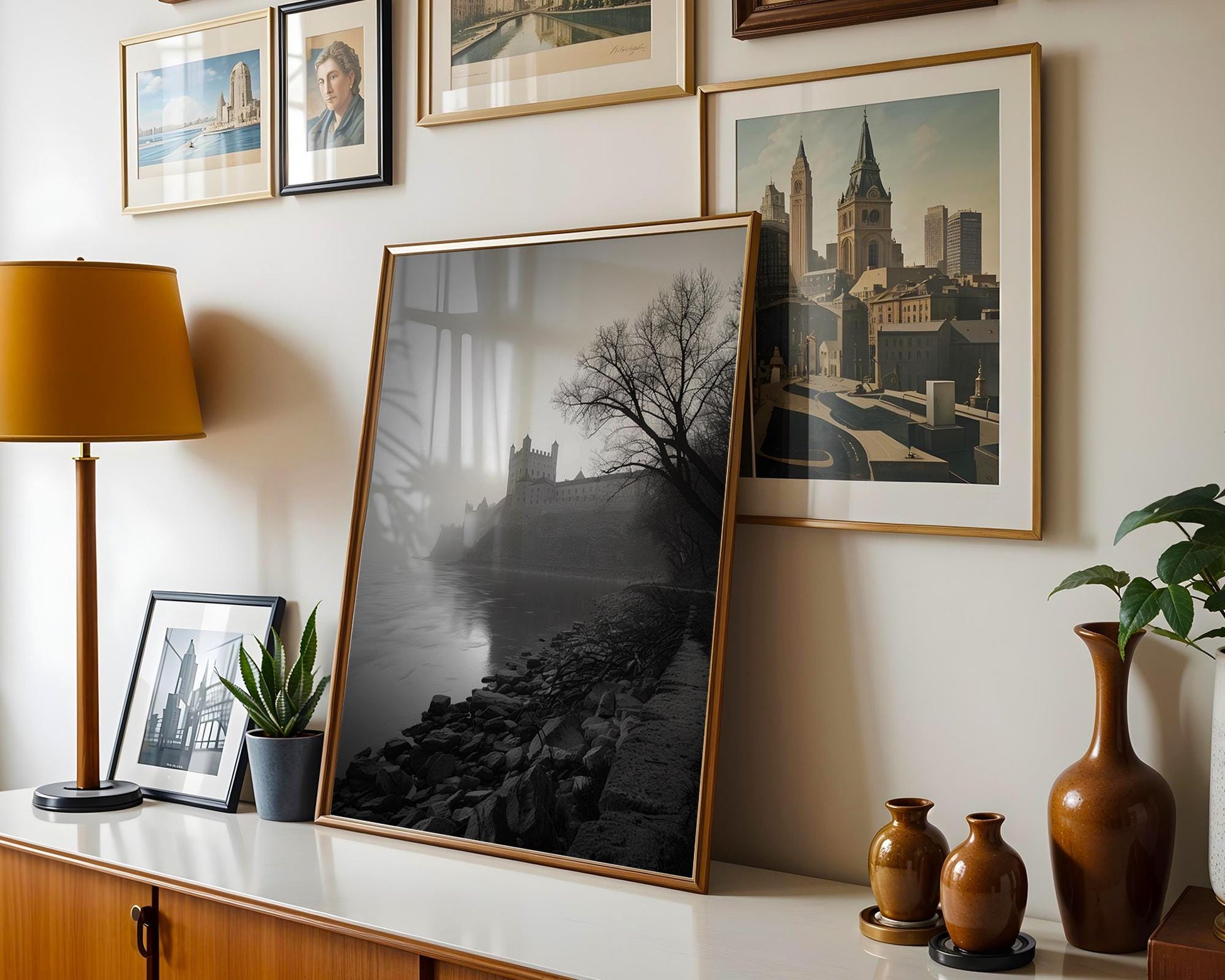 World Landmark | Castle Riverbank Photography Print | Minimalist Black and White Wall Art wall art print, minimalist black and white poster, modern Scandinavian wall decor, Monohaus