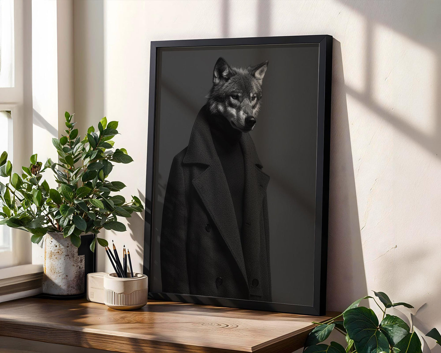 Designer Wall Art | Wolf in Black Coat Art Print | Modern Anthropomorphic Animal Portrait wall art print, minimalist black and white poster, modern Scandinavian wall decor, Monohaus