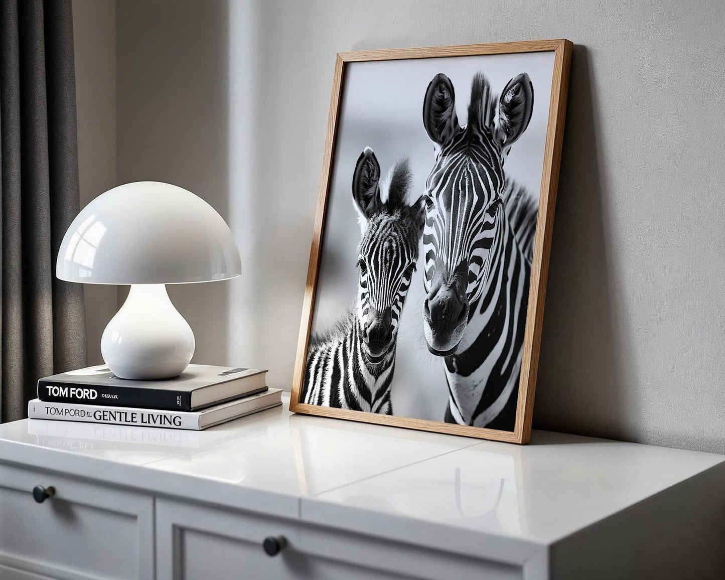 Wildlife Poster | Zebra Mother and Foal Print • Black & White Safari Photography wall art print, minimalist black and white poster, modern Scandinavian wall decor, Monohaus